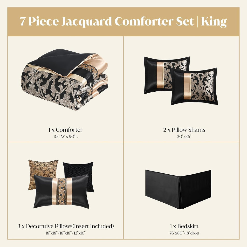 CozyDH Black and Gold Jacquard Comforter Set - 7 Piece King Luxury Damask Patchwork Design, All Season Down Alternative Bedding with Bed Skirt, Shams, Decorative Pillows, 104x90 in