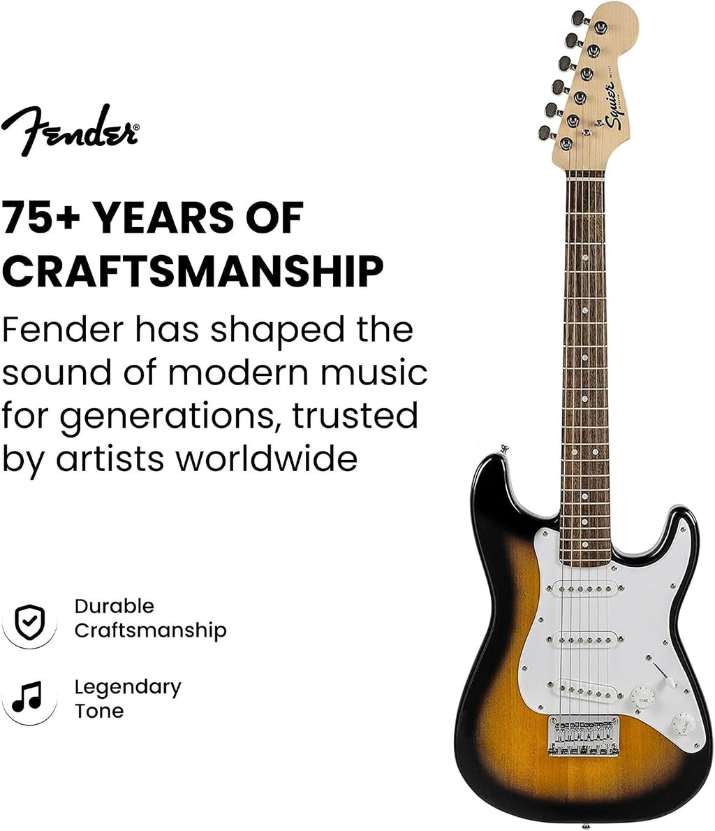 Fender Squier 3/4-Size Kids Mini Strat Electric Guitar - Brown Sunburst Bundle with Amplifier, Cable, Tuner, Strap, Picks, and Austin Bazaar Instructional DVD