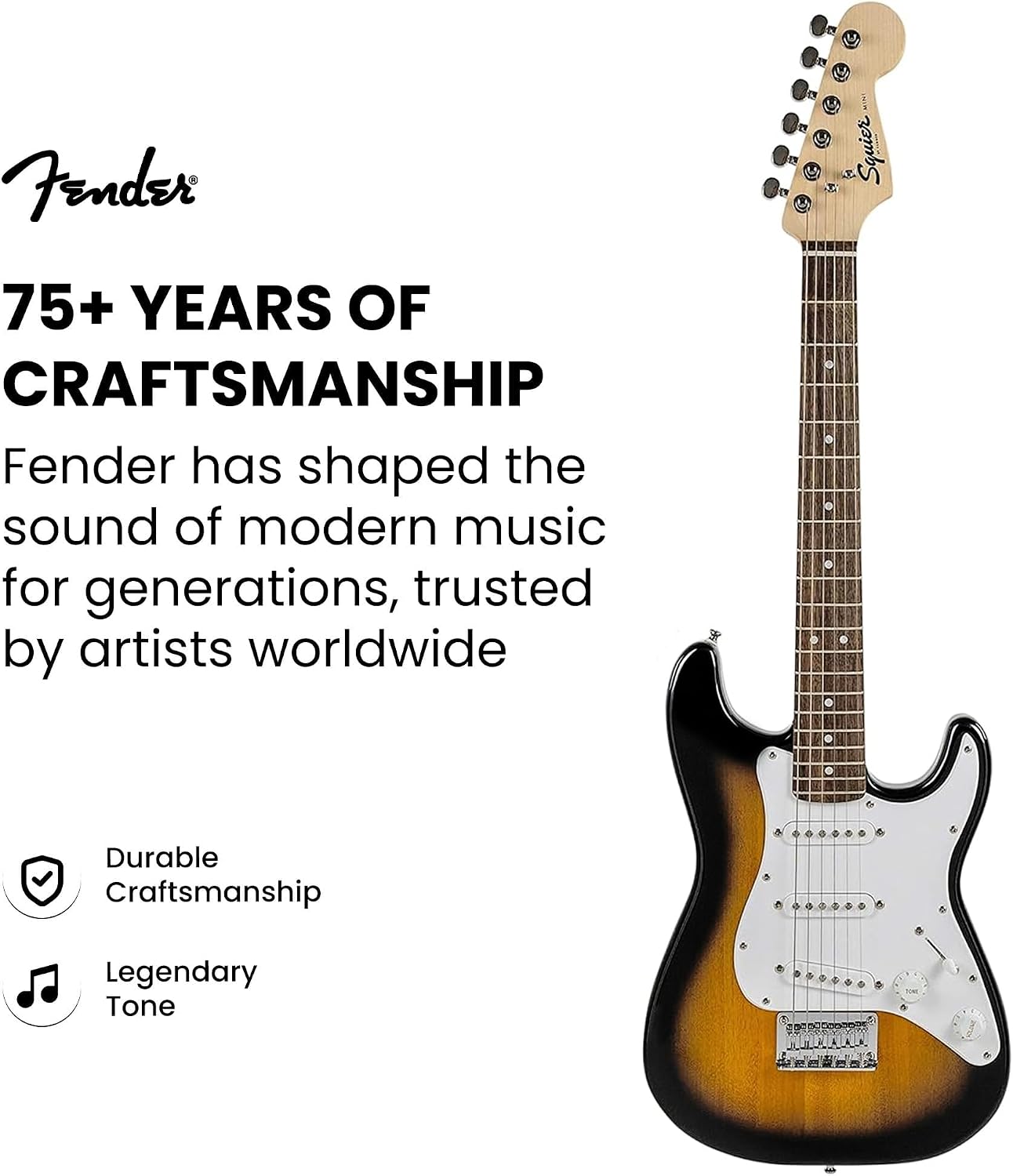 Fender Squier 3/4-Size Kids Mini Strat Electric Guitar - Brown Sunburst Bundle with Amplifier, Cable, Tuner, Strap, Picks, and Austin Bazaar Instructional DVD