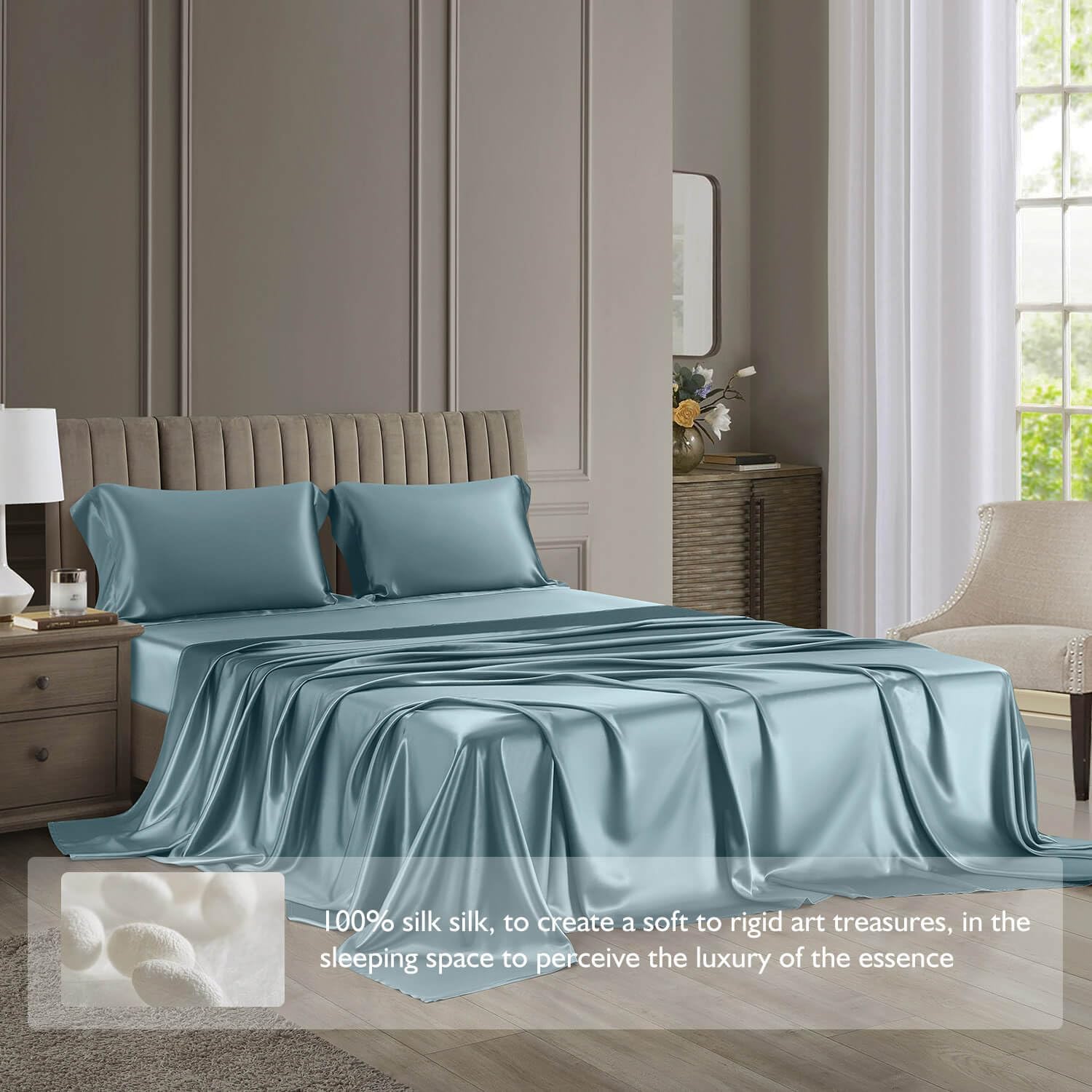 DISANGNI 22 Momme 100% Mulberry Silk Bedding Set - 4-Piece Luxury (2 Pillowcases, 1 Fitted Sheet, 1 Flat Sheet) - 6A Grade Natural Silk (Blue Gray, Queen)
