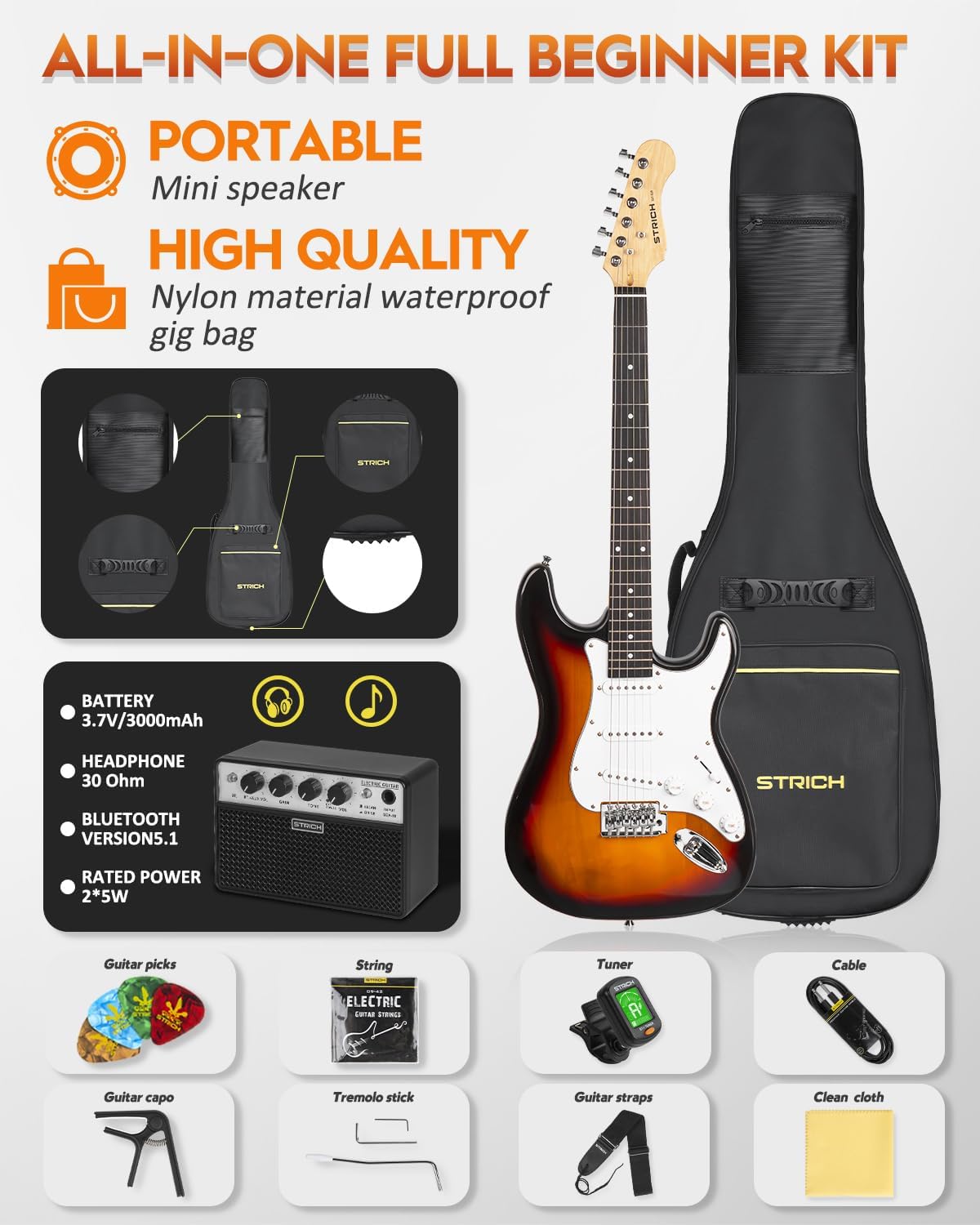 STRICH Electric Guitar Beginner Kit, Solid Body 39' Full Size Electric Guitar SSS Pick Up for Starter, with 5W x 2 Amp, Bag, Digital Tuner, Capo, Strap, String,Cable, Picks, SST-S10 Sunburst