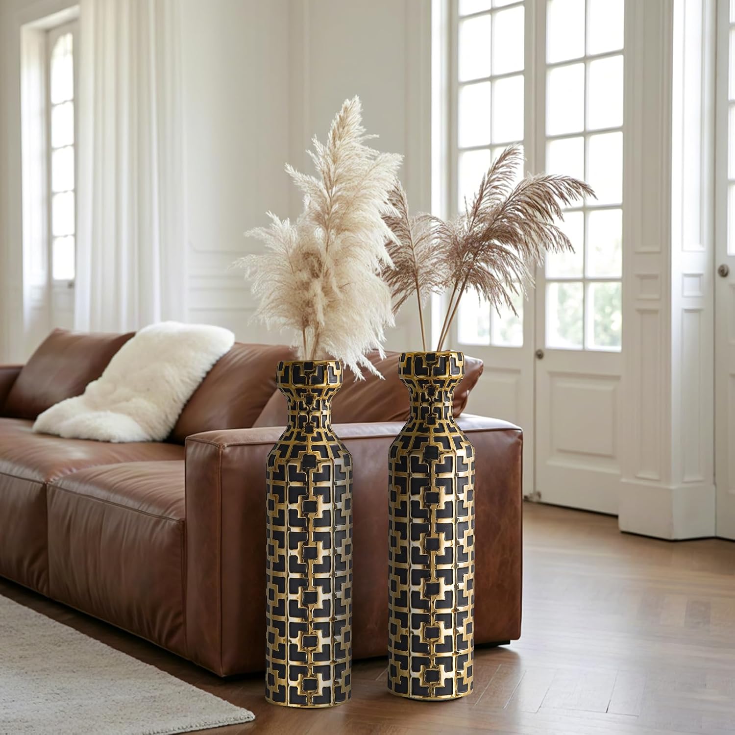 Pair of 24.4' Tall Ceramic Cylinder Vases with Geometric Gold Accents, Large Flower Vase, Decorative Vase - Modern Black & Gold Floor Vases for Living Room, Entryway Decor (Set of 2)