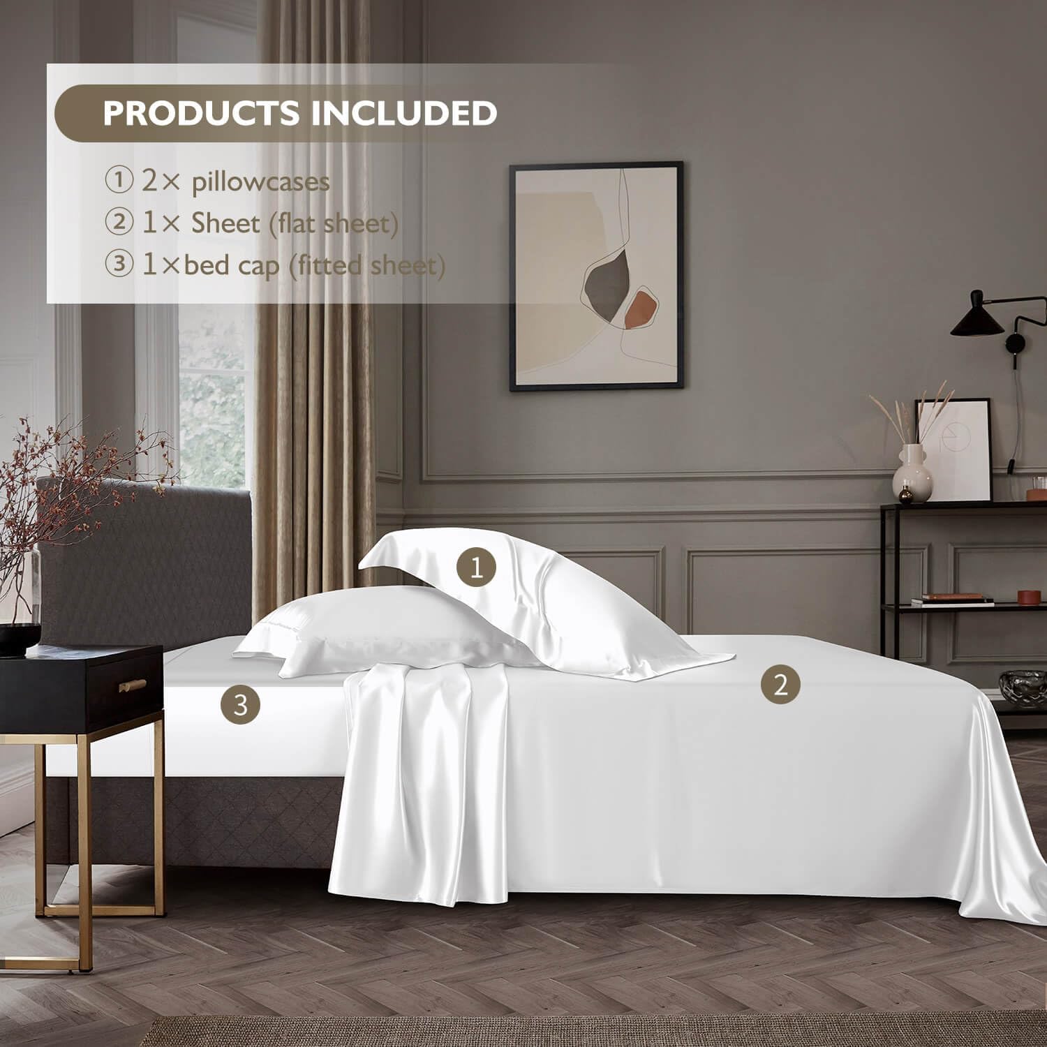 DISANGNI 22 Momme 100% Mulberry Silk Bedding Set - 4-Piece Luxury (2 Pillowcases, 1 Fitted Sheet, 1 Flat Sheet) - 6A Grade Natural Silk (Cream White, California King)