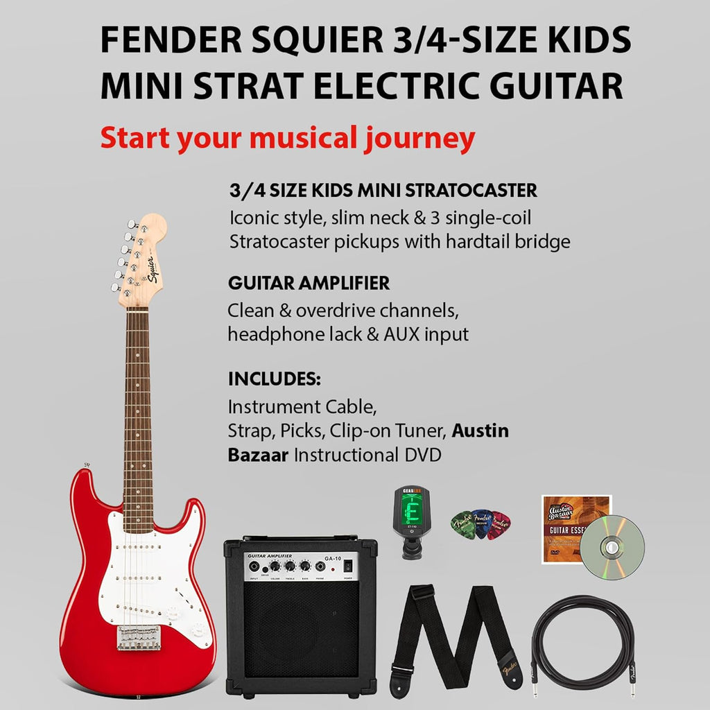 Fender Squier 3/4-Size Kids Mini Strat Electric Guitar - Dakota Red Bundle with Amplifier, Instrument Cable, Tuner, Strap, Picks, and Austin Bazaar Instructional DVD