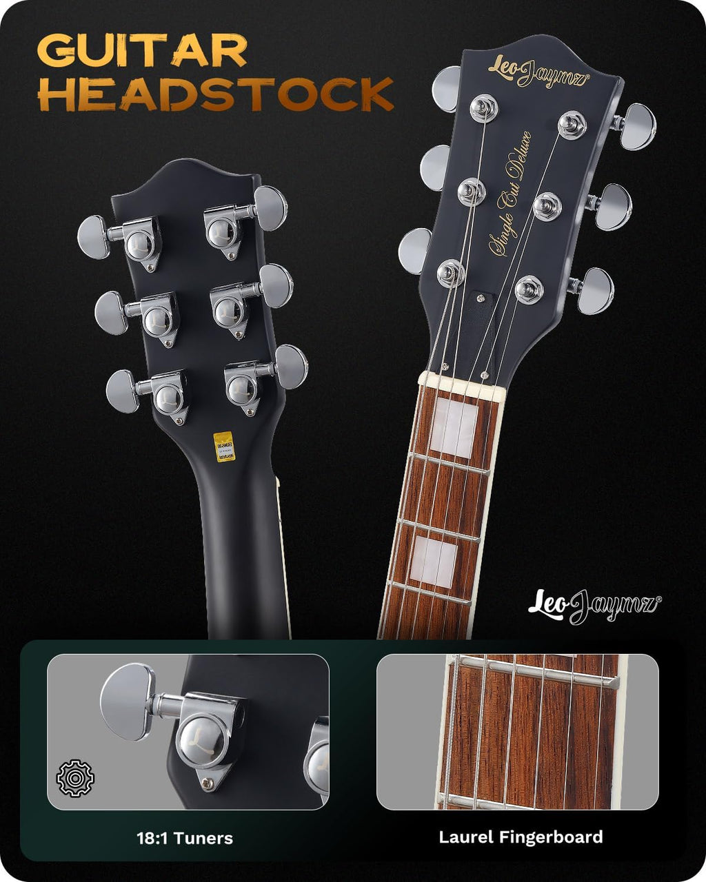Leo Jaymz SC Series Electric Guitar – Mahogany Body, Laurel Fingerboard, Dual Humbuckers, Tune-O-Matic Bridge, C Neck, 18:1 Tuners (Matt Black X)