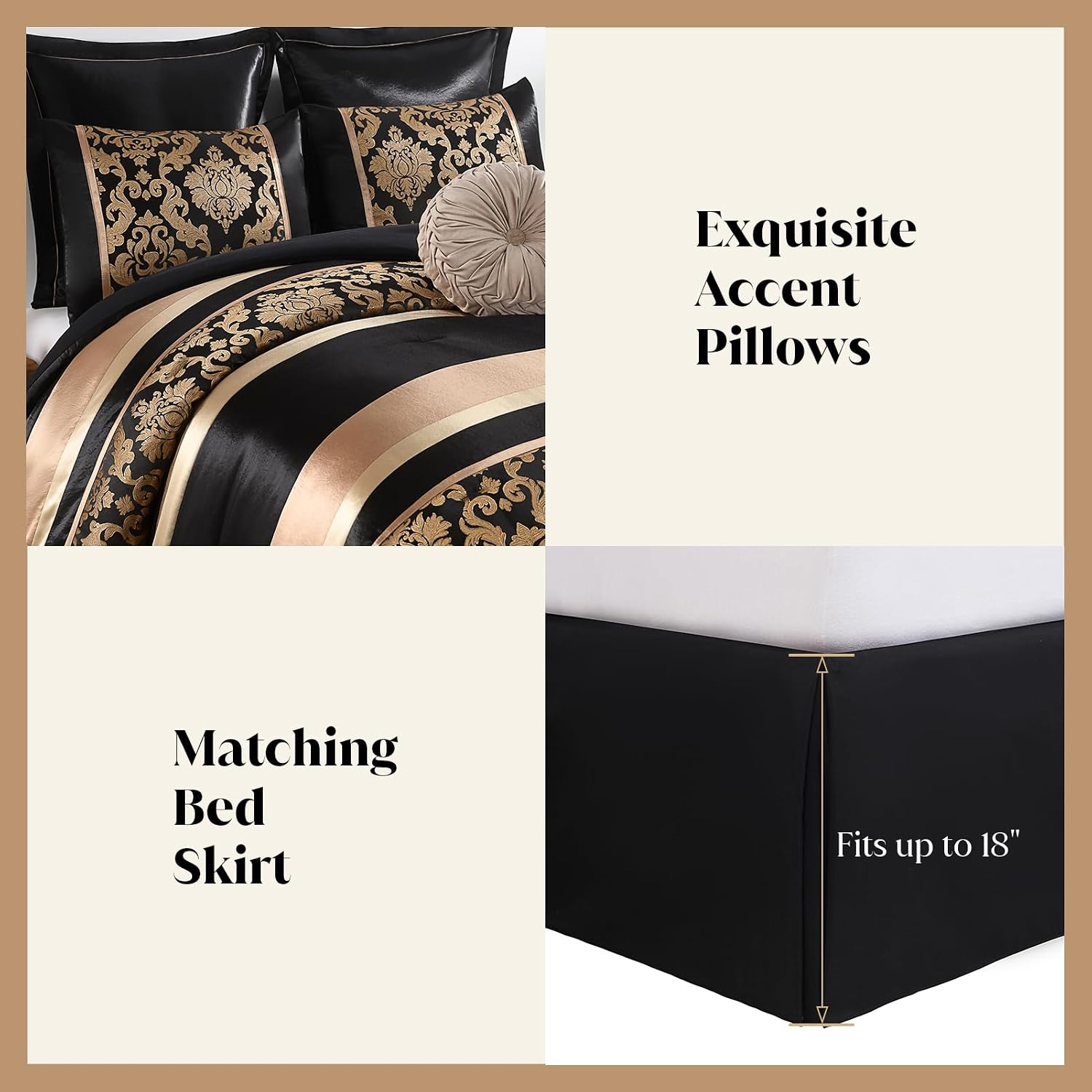 CozyDH Black Gold Floral Comforter Set King - 7 Piece Luxury Jacquard Vintage Patchwork Bed in a Bag, All Season Down Alternative Bedding with Bed Skirt, Shams, Decorative Pillow, 104x90 in