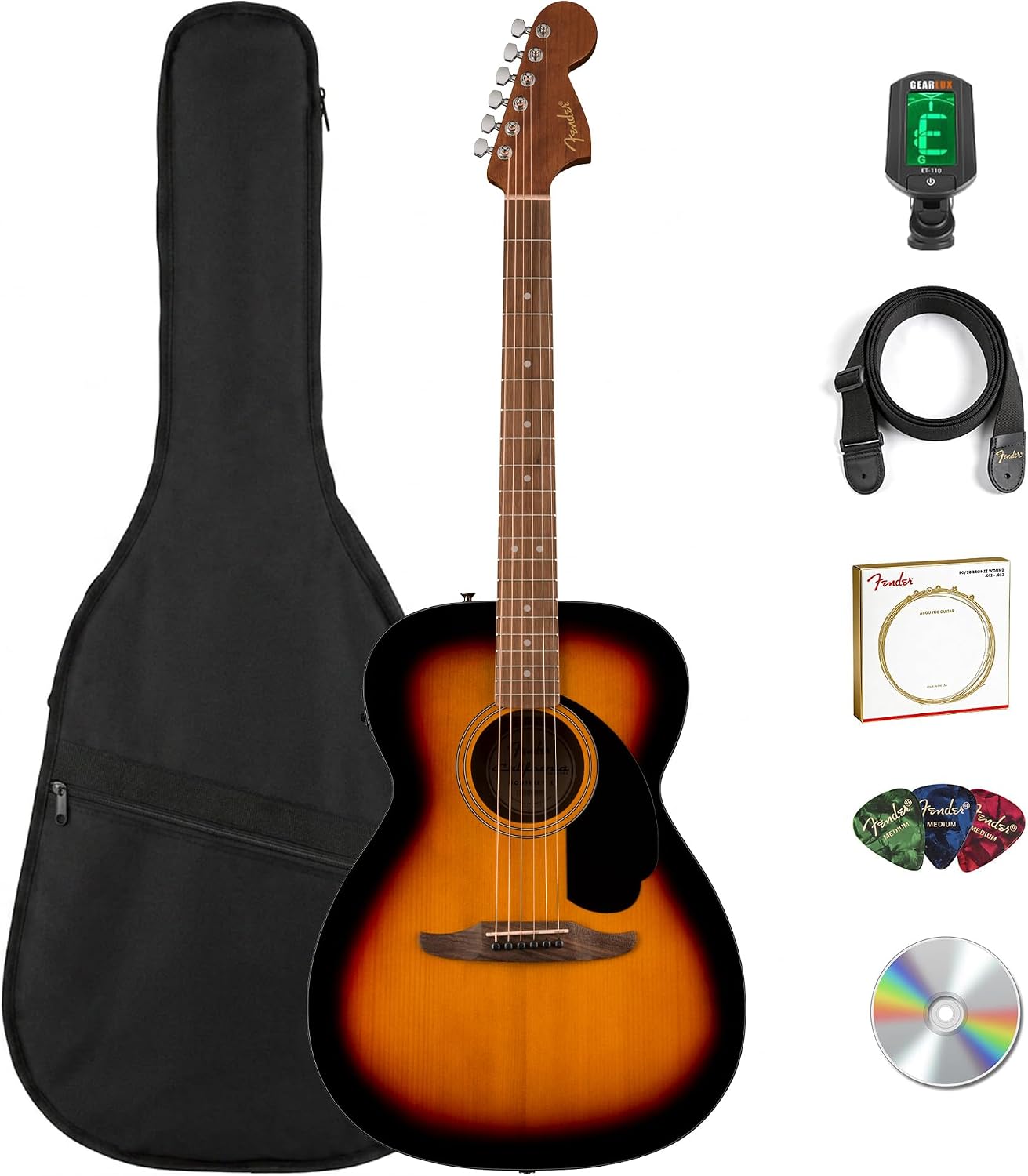 Fender California Standard Monterey E Acoustic-Electric Guitar - 3-Color Sunburst Bundle with Gig Bag, Tuner, Strap, Strings, Picks, and Austin Bazaar Instructional DVD