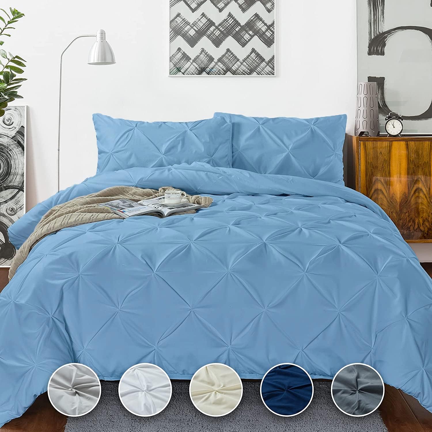 Crown Collection Luxuriate Hotel 1000-TC Hypoallergenic Ultra Soft Design 100% Egyptian Cotton Pinch Plated Duvet Cover with Zipper Colser & 2pcs Pillow Case Set (Oversize 98x120, Light Blue)