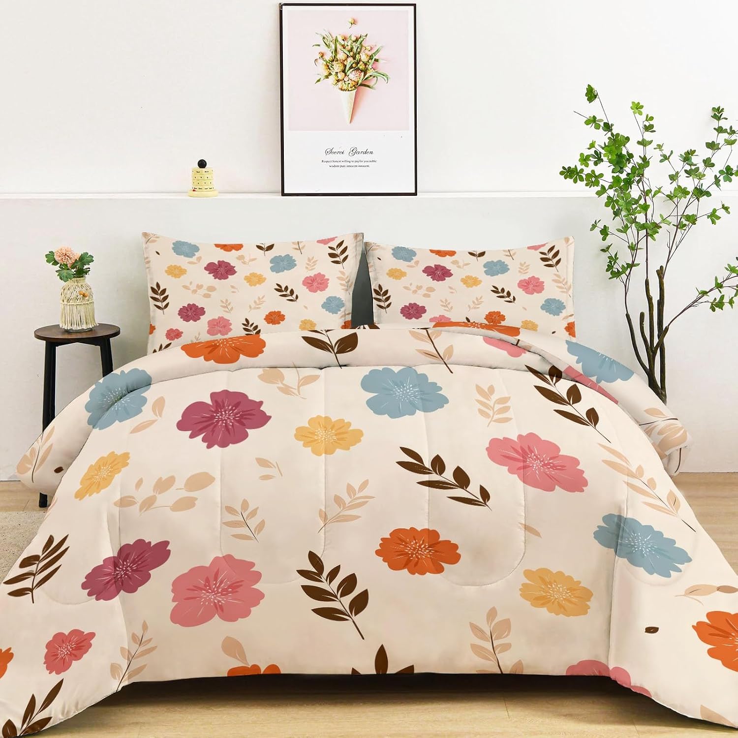 Beige Reversible Comforter Set King, Hand Drawn Plants Flowers Printed Comforter Set 3-Piece with 1 Comforter & 2 Pillowcases, Soft Microfiber Quilted Bedding for All Season