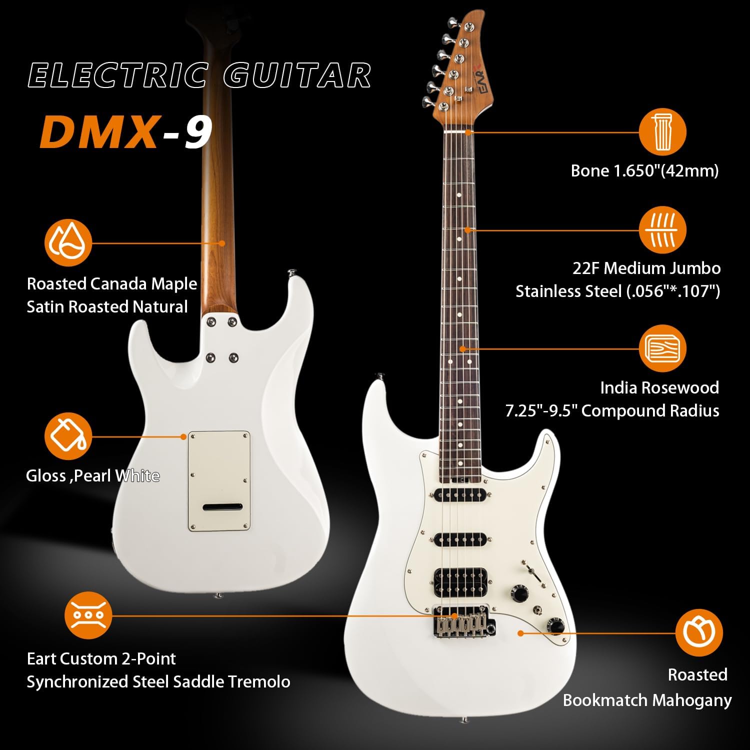 EART Electric Guitar DMX-9, 6 String Tremolo Bridge, Humbucker Pickups, Solid Body, 5-Way Switch Guitars (Gloss Pearl White)