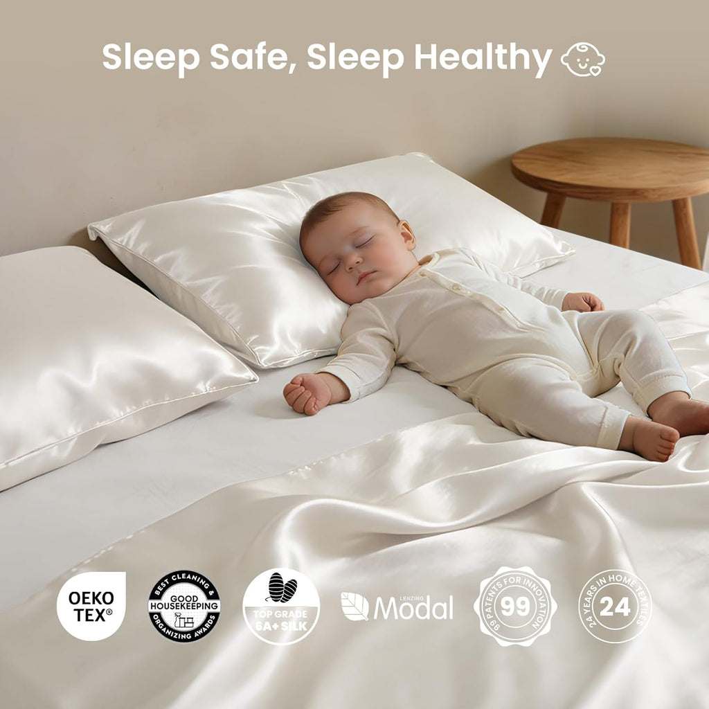 THXSILK Luxury Mulberry Silk Bed Sheets Set - 3pcs Silk Sheets Set 16' Deep Pocket - 1 Fitted Sheet, 1 Flat Sheet, 1 Pillowcase with Zipper Closure - Twin, White