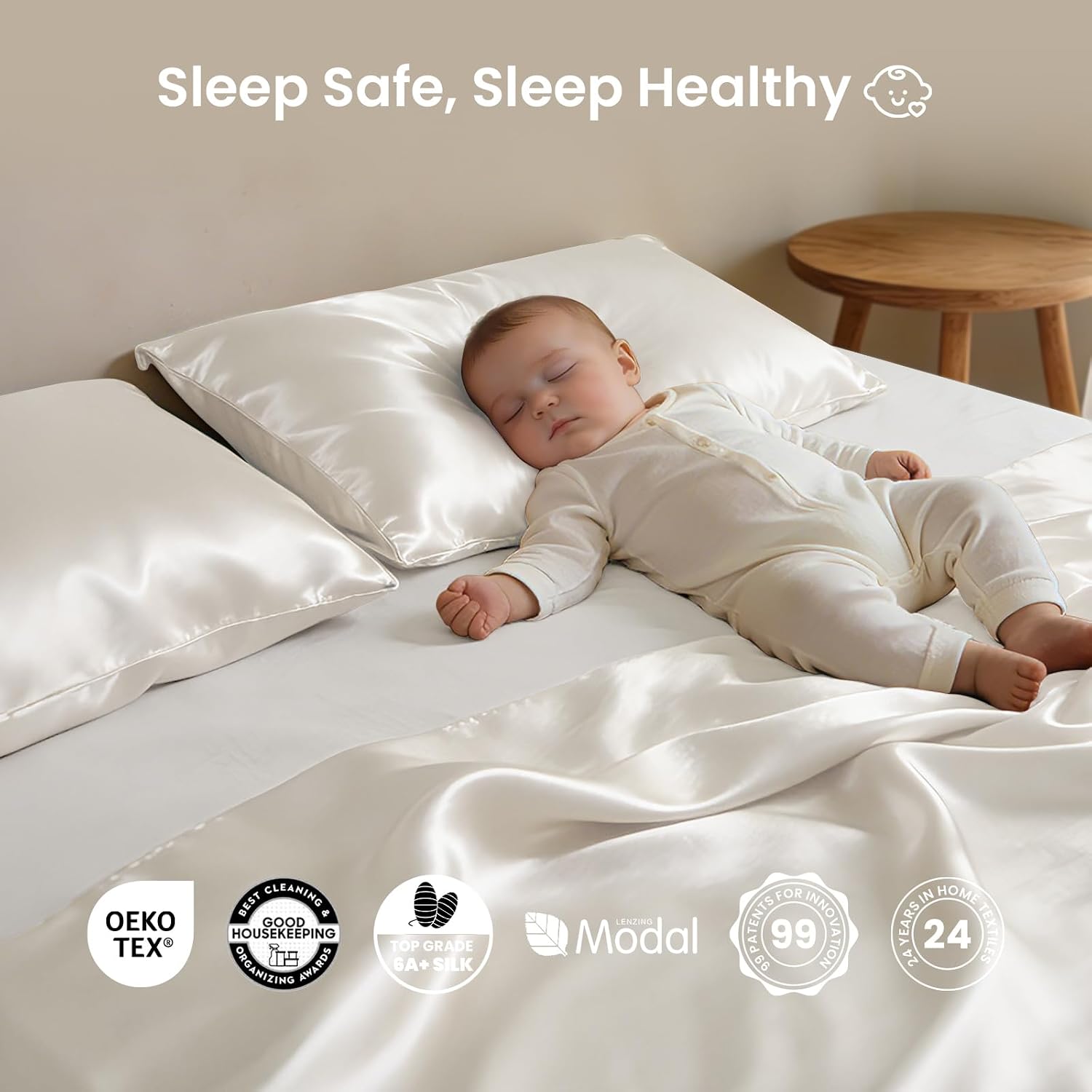 THXSILK Luxury Mulberry Silk Bed Sheets Set - 3pcs Silk Sheets Set 16' Deep Pocket - 1 Fitted Sheet, 1 Flat Sheet, 1 Pillowcase with Zipper Closure - Twin-XL, White