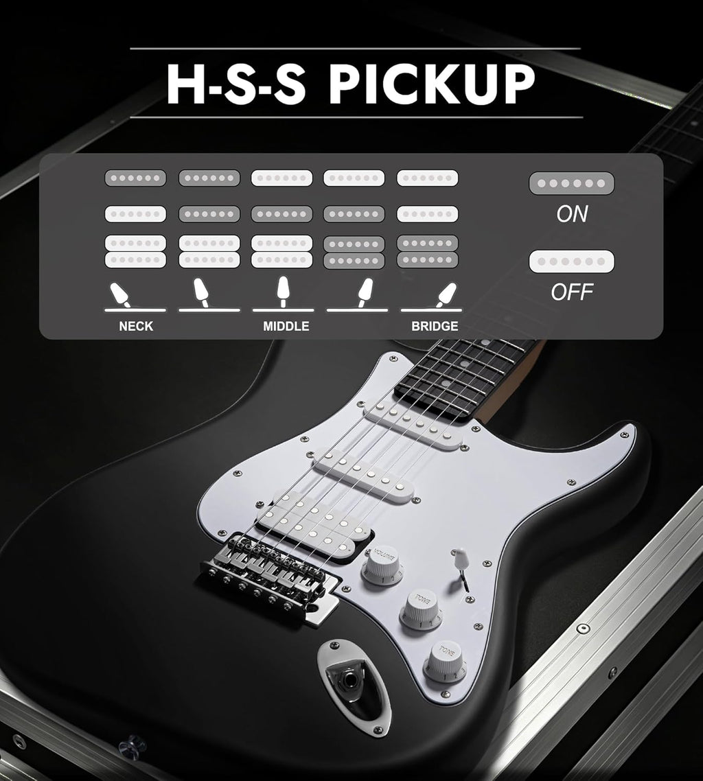 Tostar Beginner Electric Guitar, Solid Body, 39' Full Size Strat Style with HSS Pickups, 5-Way Switch, Tremolo Bridge, Maple Neck & Tectona Fretboard, Ideal for Beginners and Gifting, Black