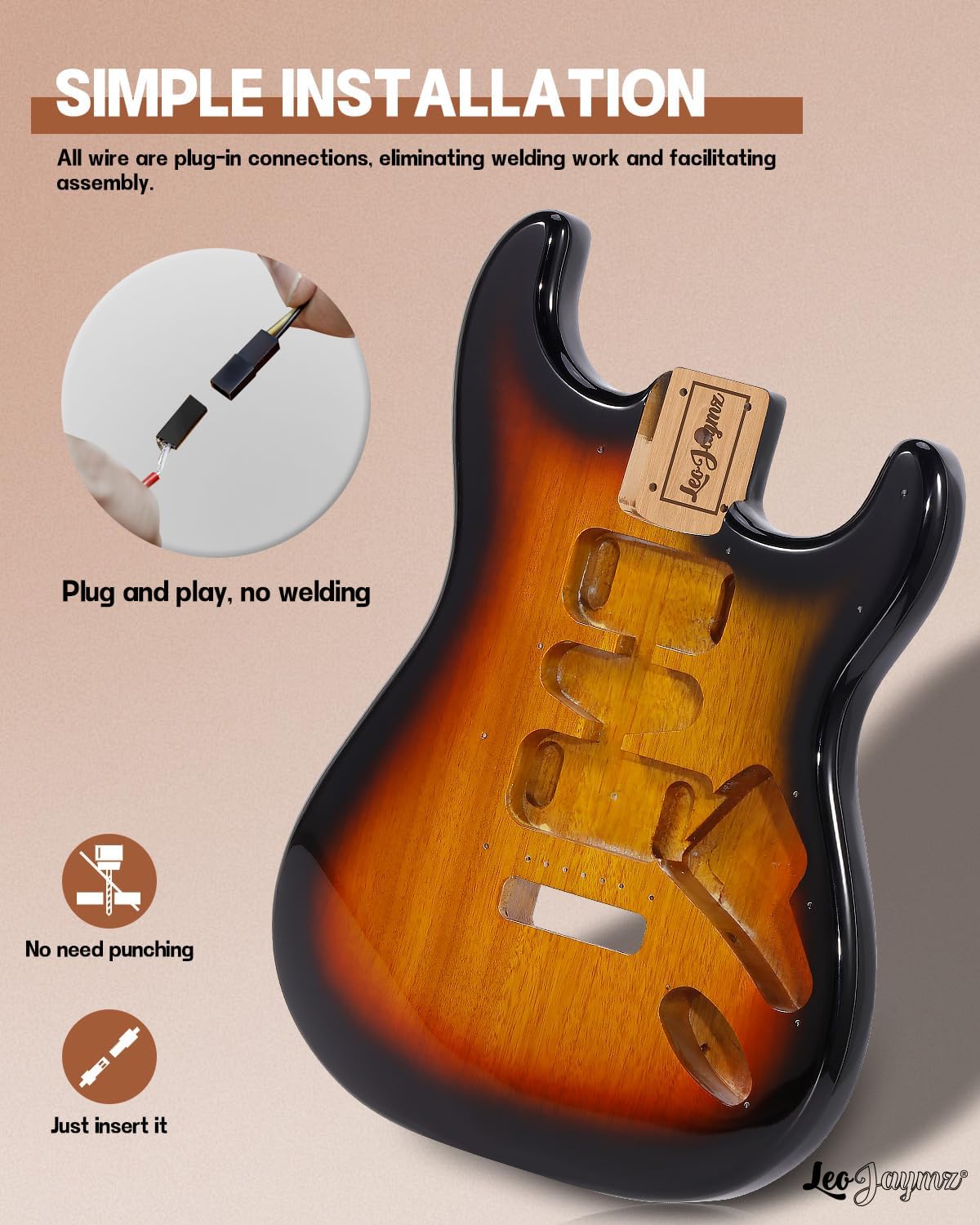Leo Jaymz DIY ST Style Electric Guitar Kits,Spray-painted Mahogany Body,Laurel Wood Fingerboard and Maple Neck, including all Components (ST Sunburst)