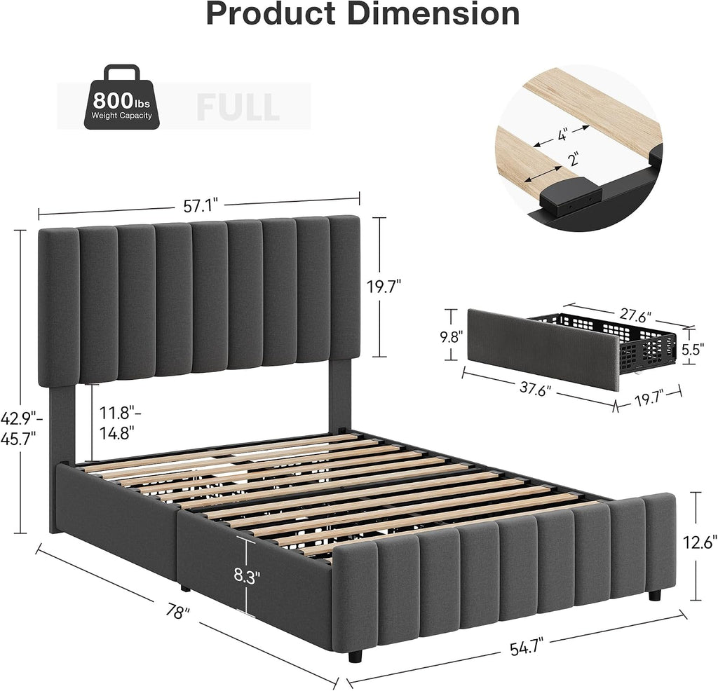 Garvee Full Size Bed Frame with 4 Storage Drawers, Adjustable Height Headboard, Linen Upholstered Platform Bed Frame, No Box Spring Needed, Easy Assembly, Grey