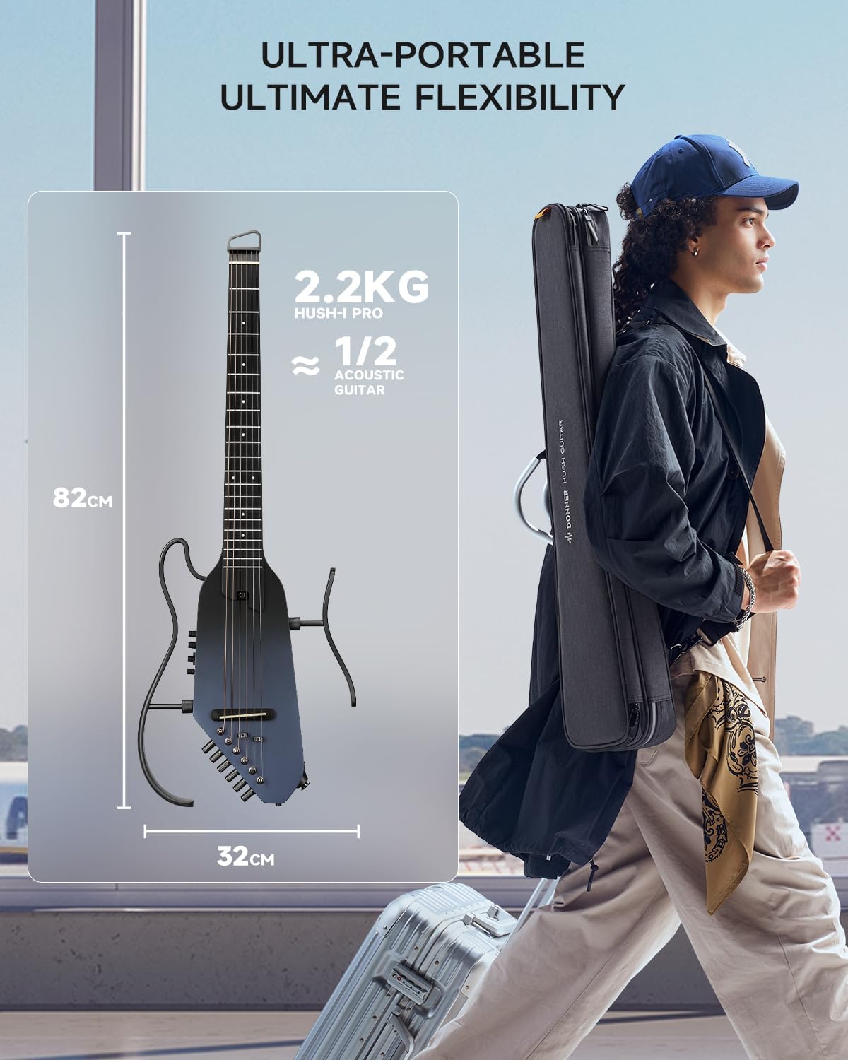 Donner Acoustic Electric Guitar HUSH I PRO Travel Guitar with Multiple Effect Modes Smart Guitarra Kit of Earphone, Gig Bag, Strap, Charging Cable, Black