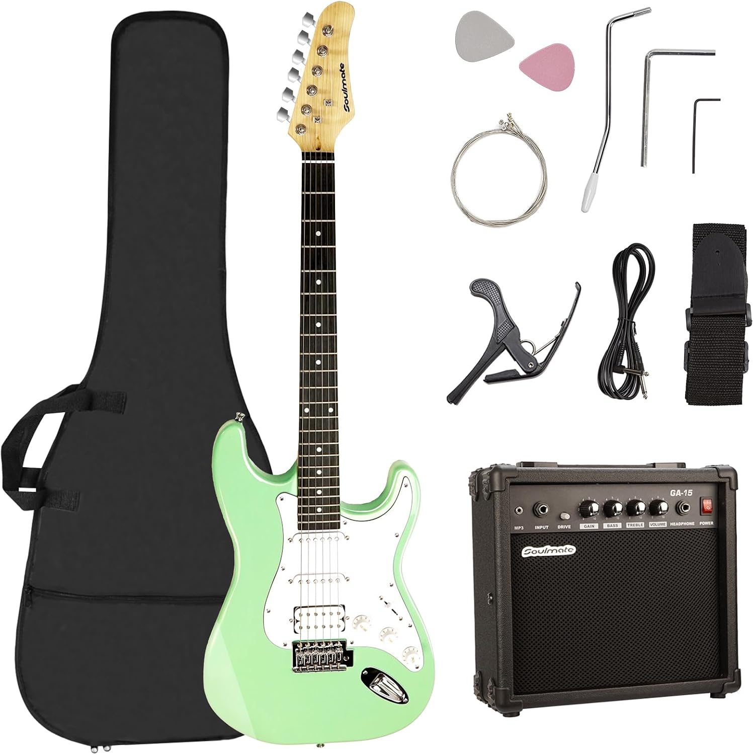 Soulmate Electric Guitar Kit, 39' Beginner Electric Guitar Solid Body Full Size HSS Pick Up for Starter, with Amplifier, Bag, Capo, Strap, String,Cable, Picks, Green