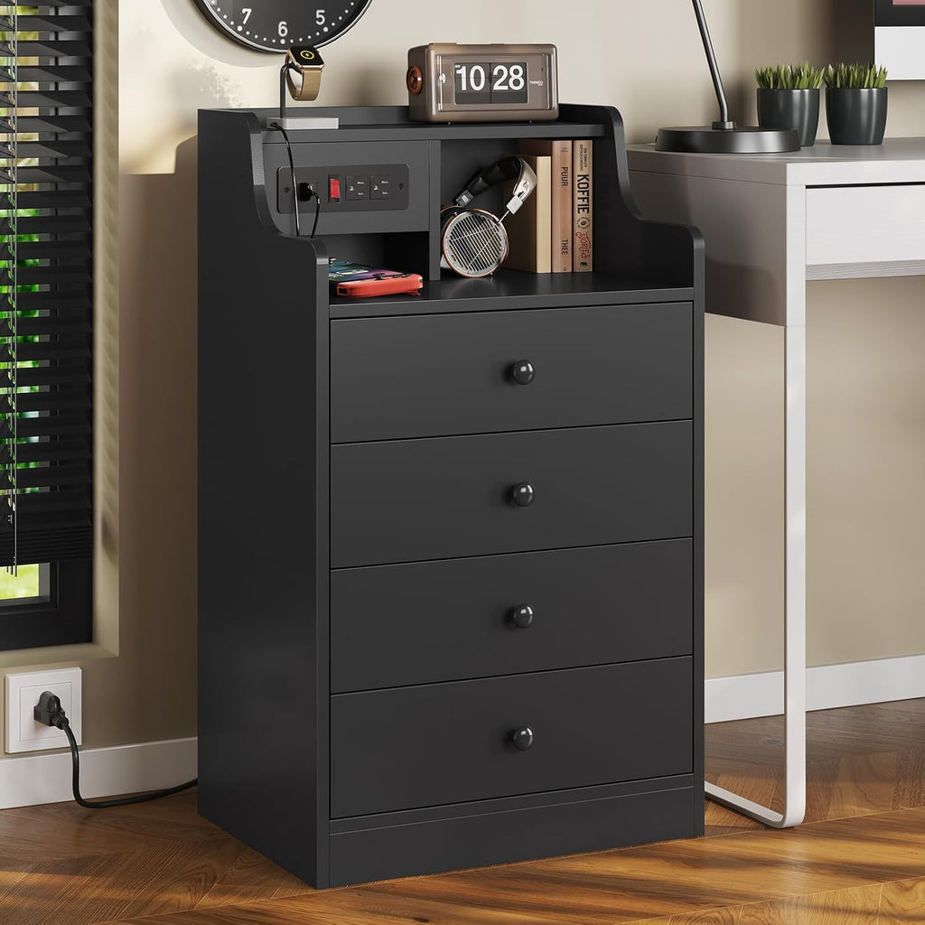 ADORNEVE Black Nightstand Set of 2,Night Stand with Charging Station & Hutch,Bedside Table with 4 Drawers,Large Nightstands Set of 2,Night Stands for Bedrooms,Side Tables Bedroom