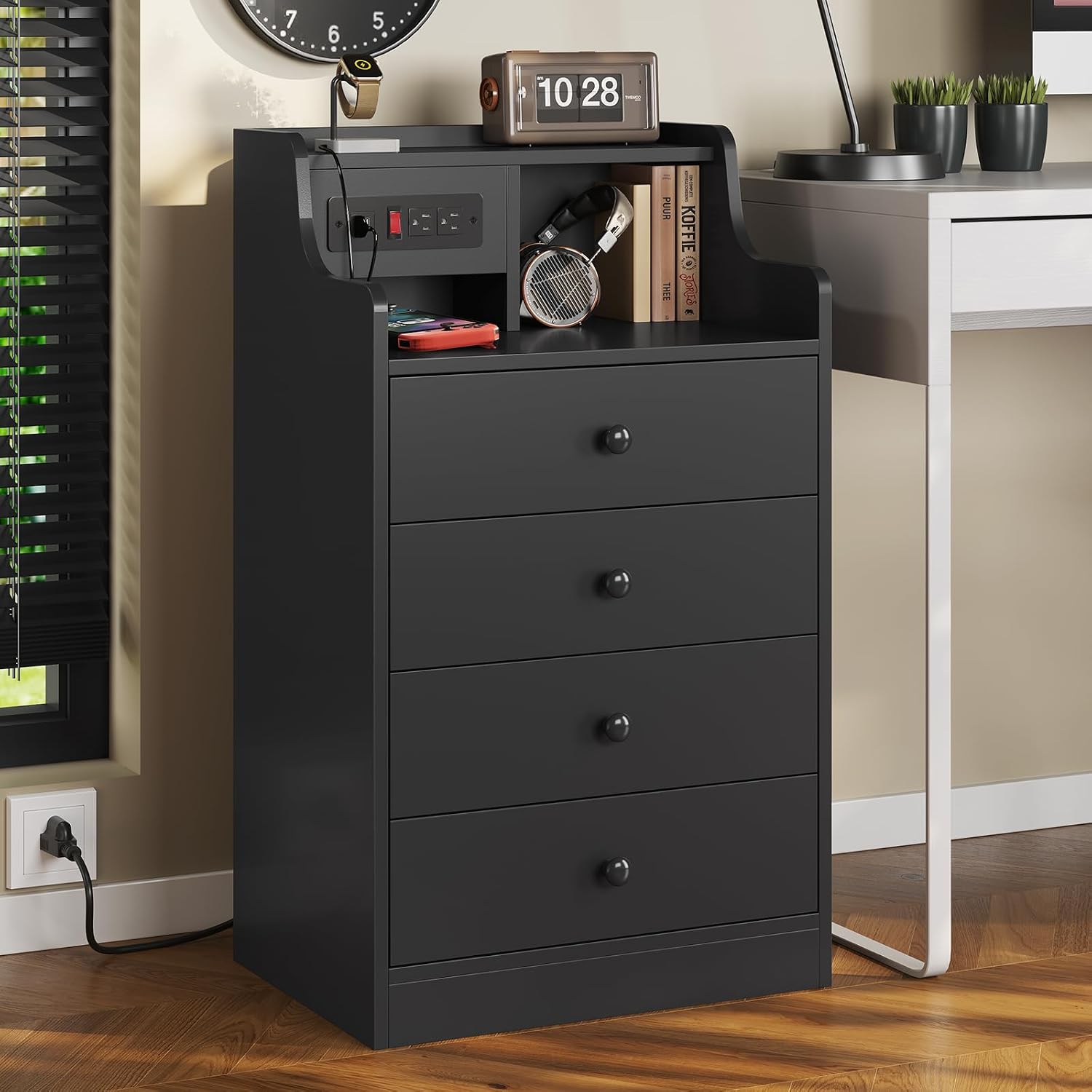 ADORNEVE Black Nightstand Set of 2,Night Stand with Charging Station & Hutch,Bedside Table with 4 Drawers,Large Nightstands Set of 2,Night Stands for Bedrooms,Side Tables Bedroom