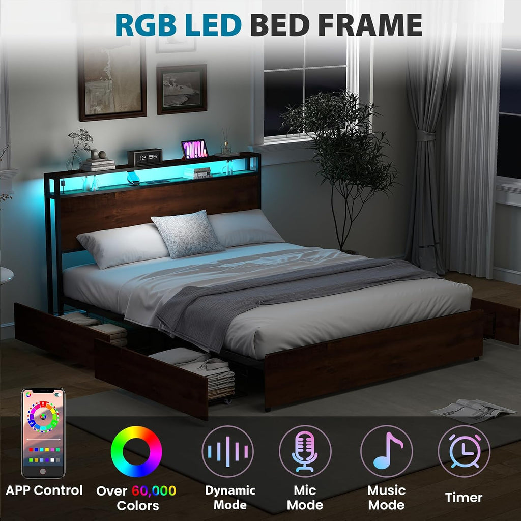 Kiivakii Full Size Bed Frame with 4 Storage Drawers, LED Platform Bed with Headboard, Built in Charging Station, Noise-Free, Metal Support Base, No Box Spring Needed, Red Brown