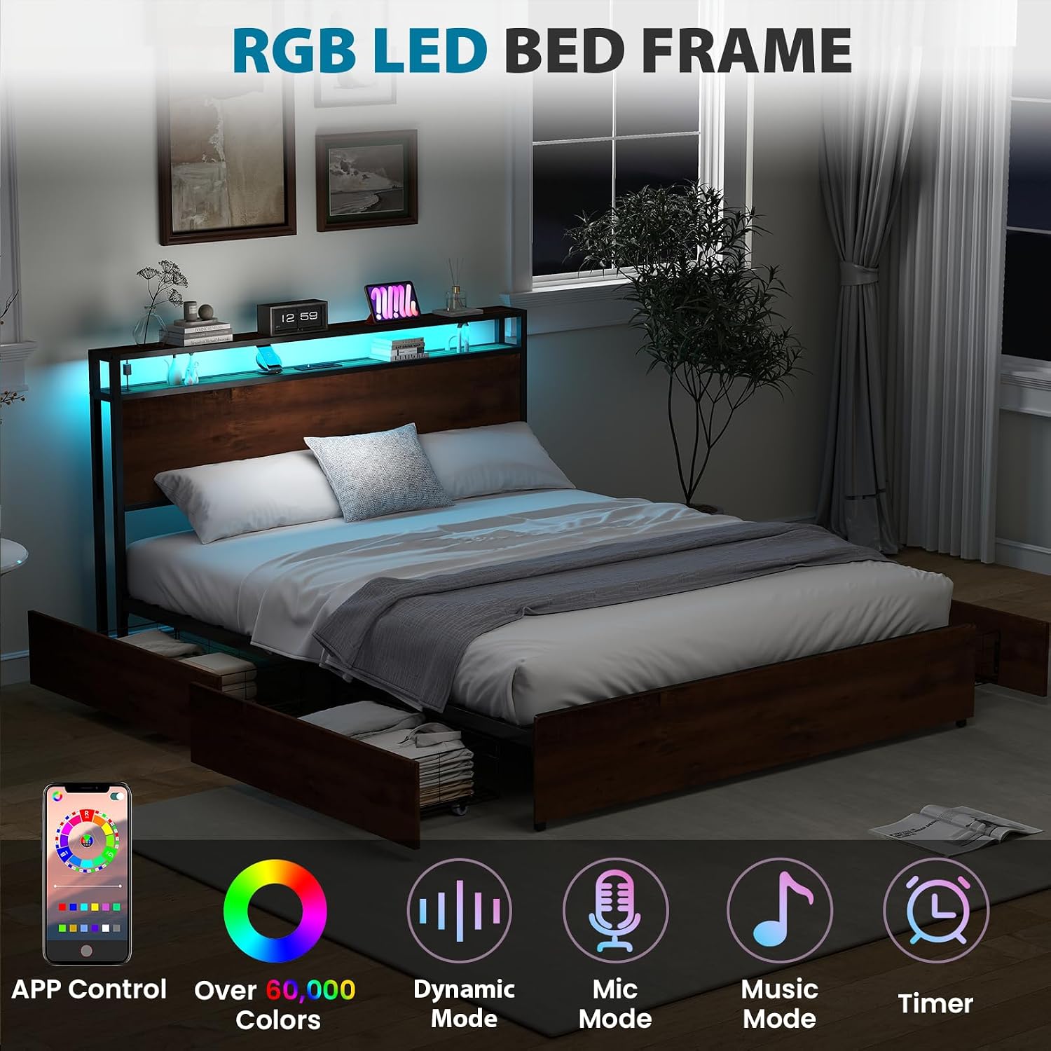 Kiivakii Queen Size Bed Frame with 4 Storage Drawers, LED Platform Bed with Headboard, Built in Charging Station, Noise-Free, Metal Support Base, No Box Spring Needed, Red Brown