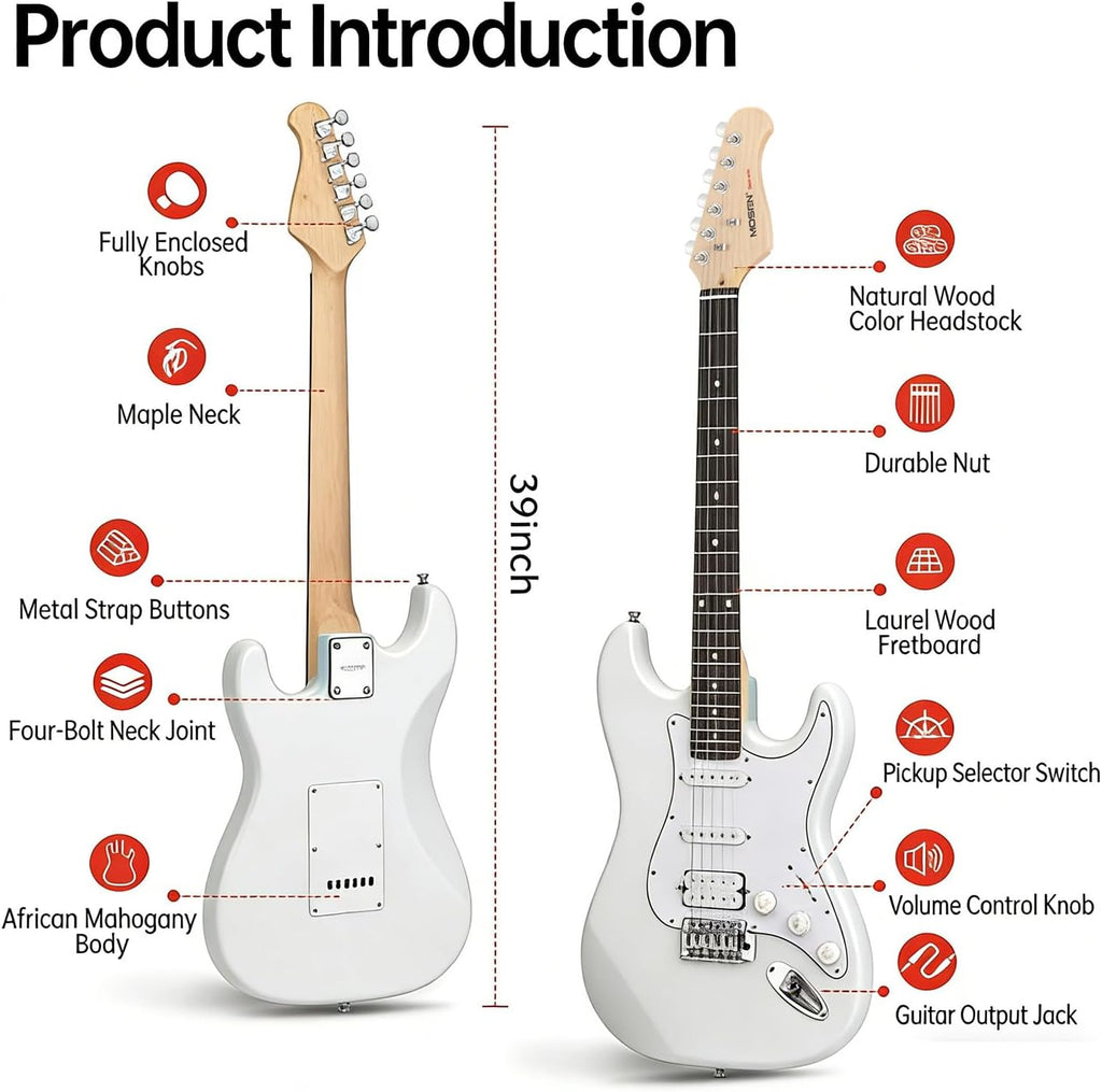 MOSEN Beginner Electric Guitar 39 inch Solid Body, HSS Pickup with Coil Split, Full Size Guitar Starter Set w/Amp, Gig Bag, Tuner, Capo, Cable, All Accessories,MS-SS60-White