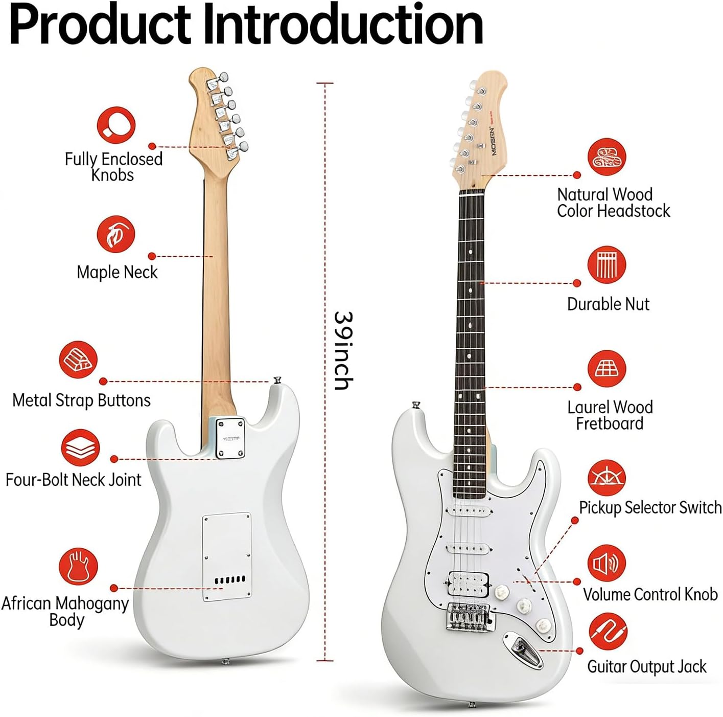 MOSEN Beginner Electric Guitar 39 inch Solid Body, HSS Pickup with Coil Split, Full Size Guitar Starter Set w/Amp, Gig Bag, Tuner, Capo, Cable, All Accessories,MS-SS60-White