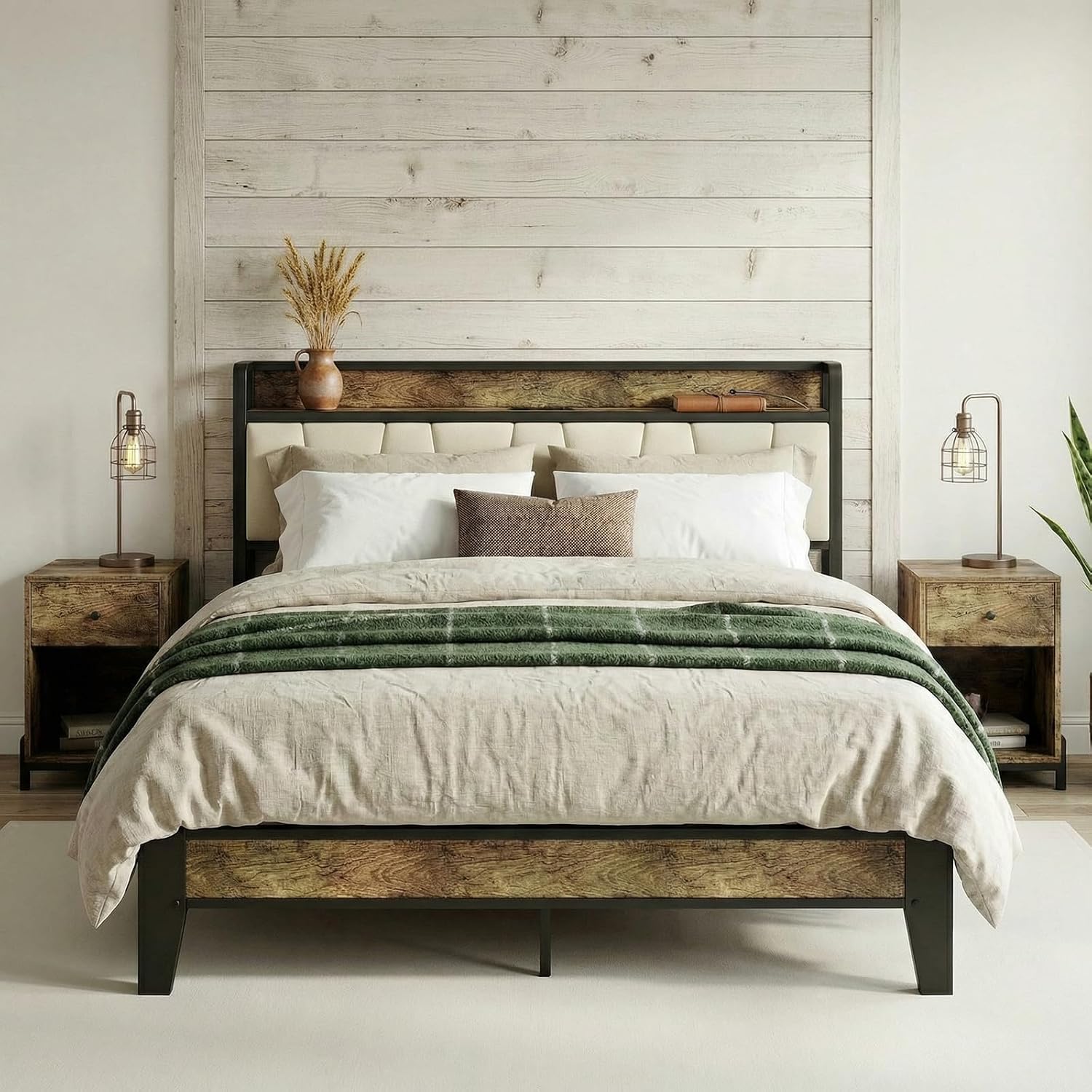 LIKIMIO Queen Bed Frame, Storage Headboard with Charging Station, Solid and Stable, Noise Free, No Box Spring Needed, Easy Assembly (Walnut and Beige)