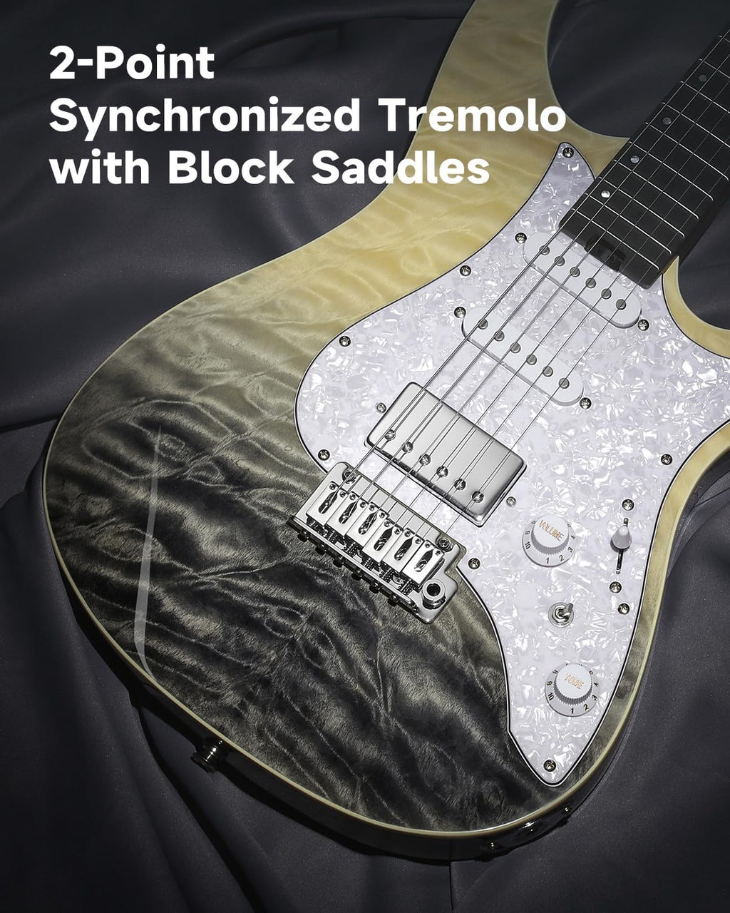 Donner 39 Inch Electric Guitar, DST-550 Color Gradient Poplar Body, Laurel Fretboard & Maple Veneer, 7 Tone Options, Tremolo Bridge, for Intermediate & Pro Players, Bonus Bag – Black Mirage Gradation