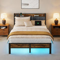PROTEA Full Size Bed Frame with LED Lights and Built-in Charging Station, Upholstered Headboard with Storage Shelf, Sturdy Metal Platform, Noise Free, No Box Spring Needed