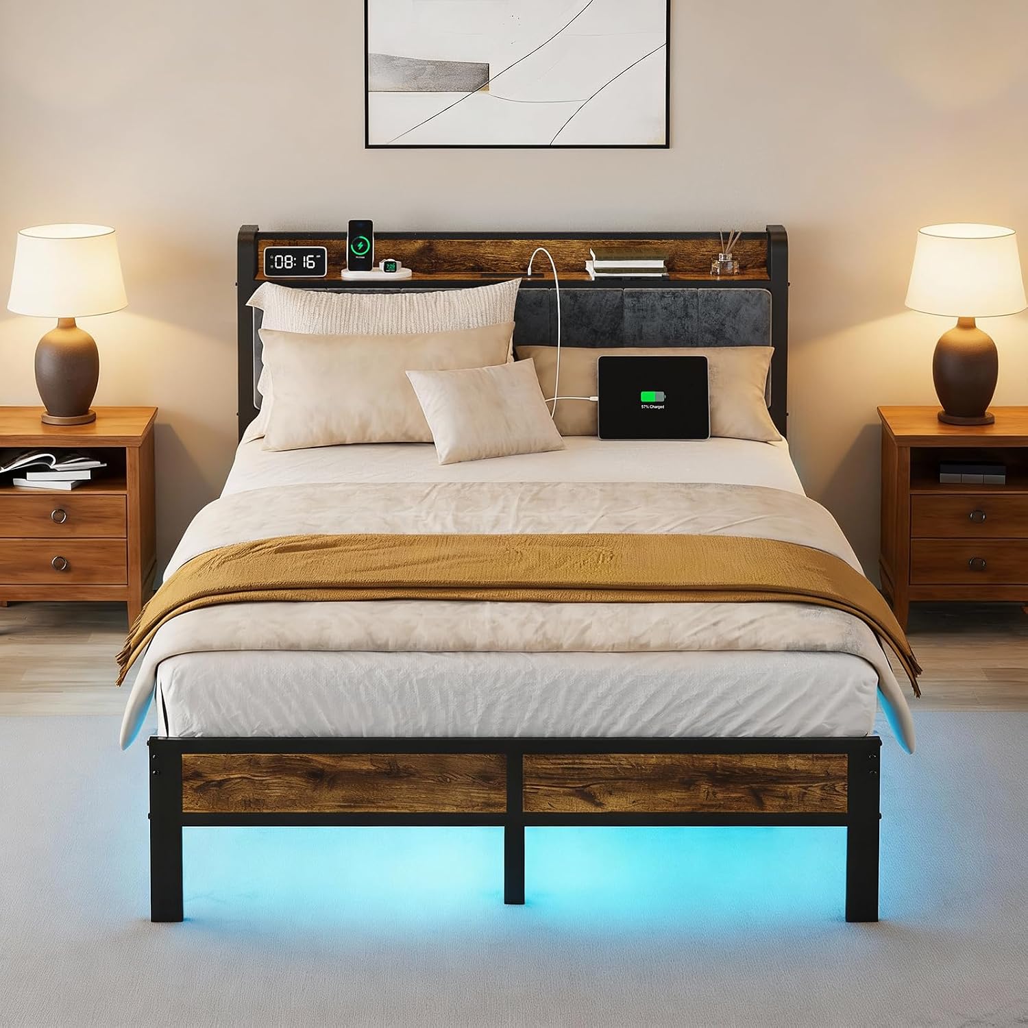 PROTEA Full Size Bed Frame with LED Lights and Built-in Charging Station, Upholstered Headboard with Storage Shelf, Sturdy Metal Platform, Noise Free, No Box Spring Needed