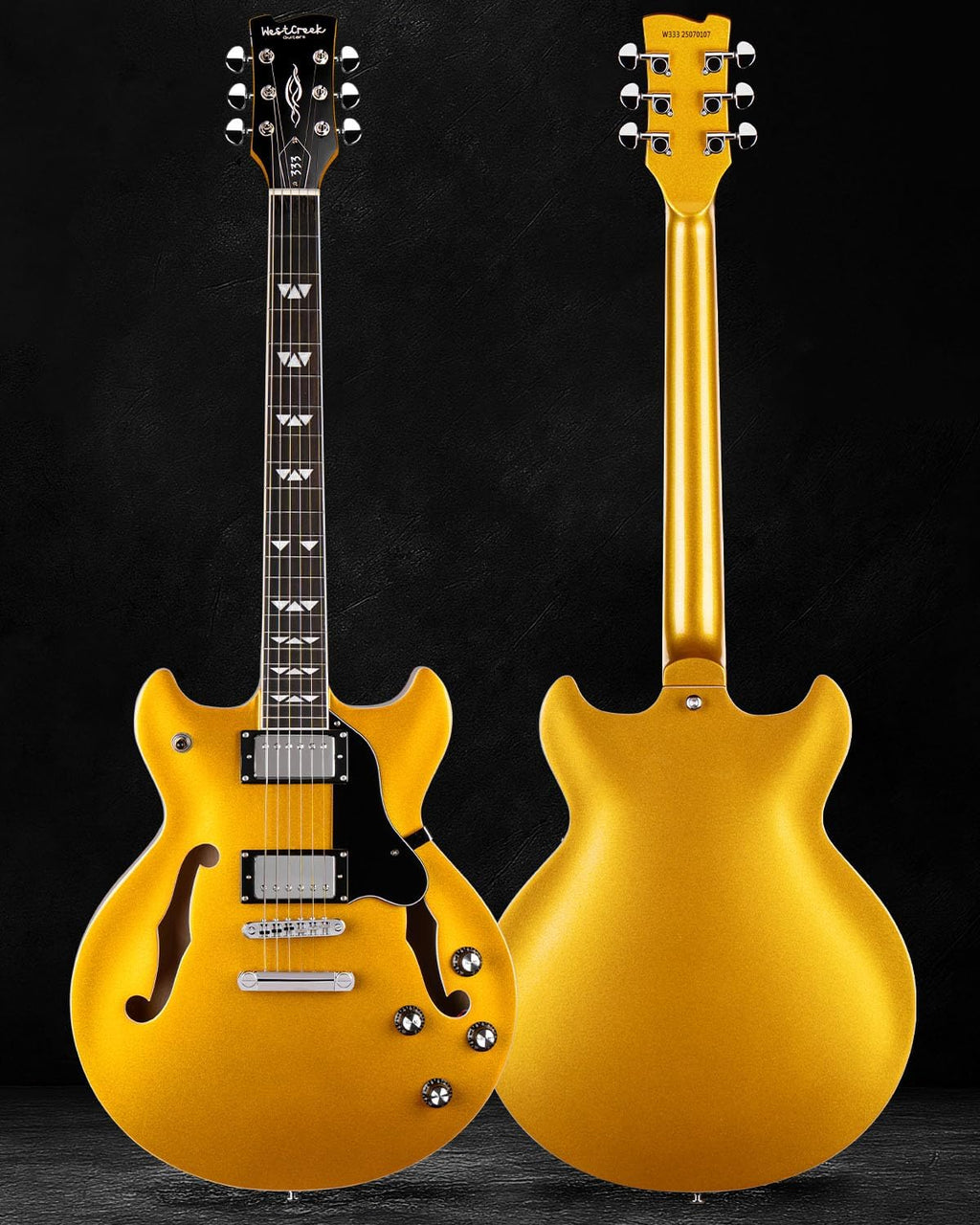 WestCreek 333 Electric Guitar with 6 String, Semi Hollow Body Jazz Electric Guitar, Alnico Humbucker Pickups, Roosewood Fingerboard, Rounded End Jumbo Frets, Full (Gold)