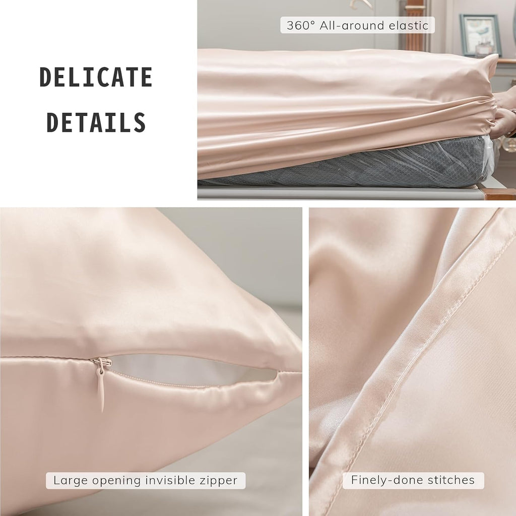 PROMEED - 100% Pure Mulberry Silk Sheets 4pcs Set - Luxury Silk Bed Sheet Set Queen Size - Cooling Bed Set with Fitted Sheet, Flat Sheet and Pillowcase (Champagne, Queen)