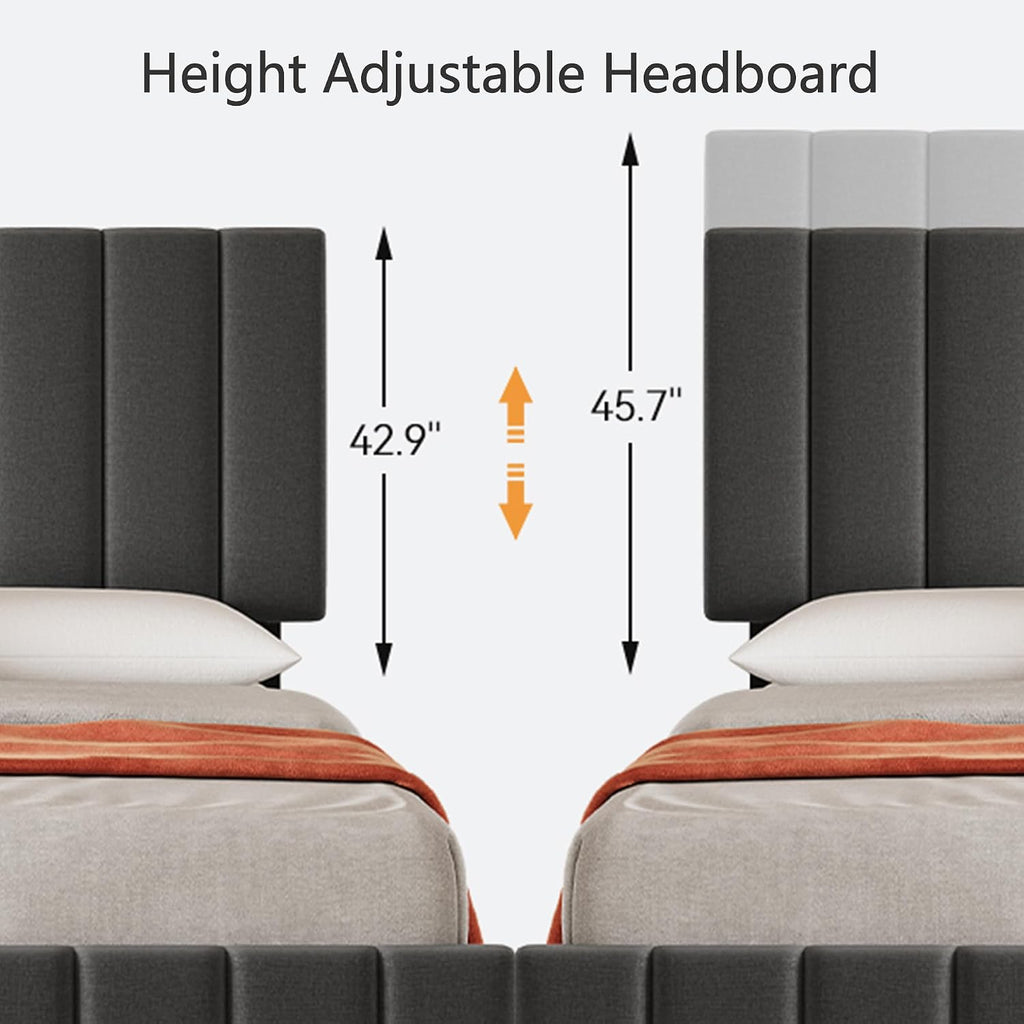 Garvee Full Size Bed Frame with 4 Storage Drawers, Adjustable Height Headboard, Linen Upholstered Platform Bed Frame, No Box Spring Needed, Easy Assembly, Grey