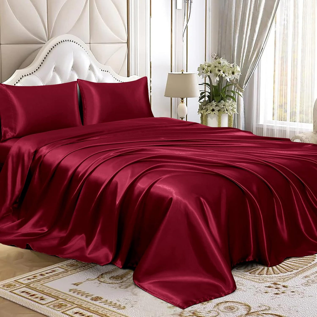 Twin XL Size 4-Piece Sheet Set Premium 30 Momme Mulberry Silk Bed Sheets Set Fits 23-26' Deep Pocket (Solid, Burgundy)