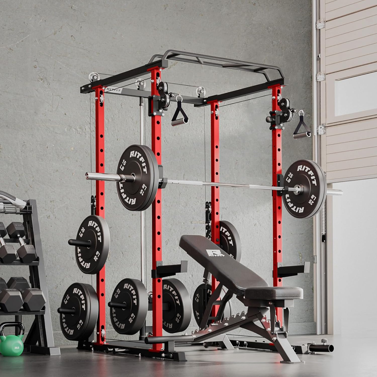RitFit Multi-Function Garage & Home Gym Package Includes 1200LBS Power Cage PPC03/P3 with Cable Crossover System, Weight Bench, Olympic Barbell Weight Set, Full Body Workout