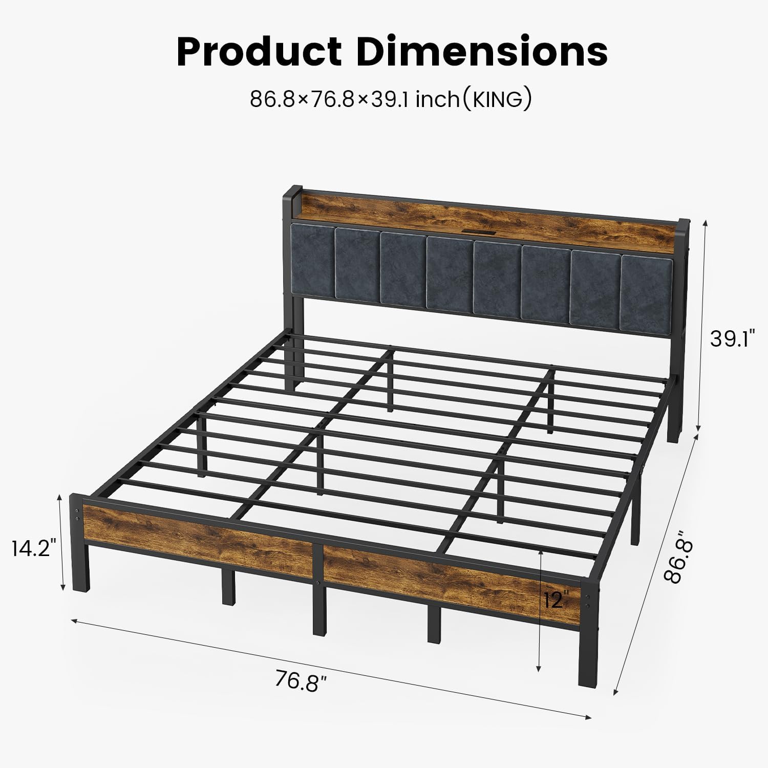 ALBERTO King Size Bed Frame with LED Lights, Upholstered Headboard with Storage and Charging Station, Metal Platform with Slats, No Box Spring Needed, Easy Assembly