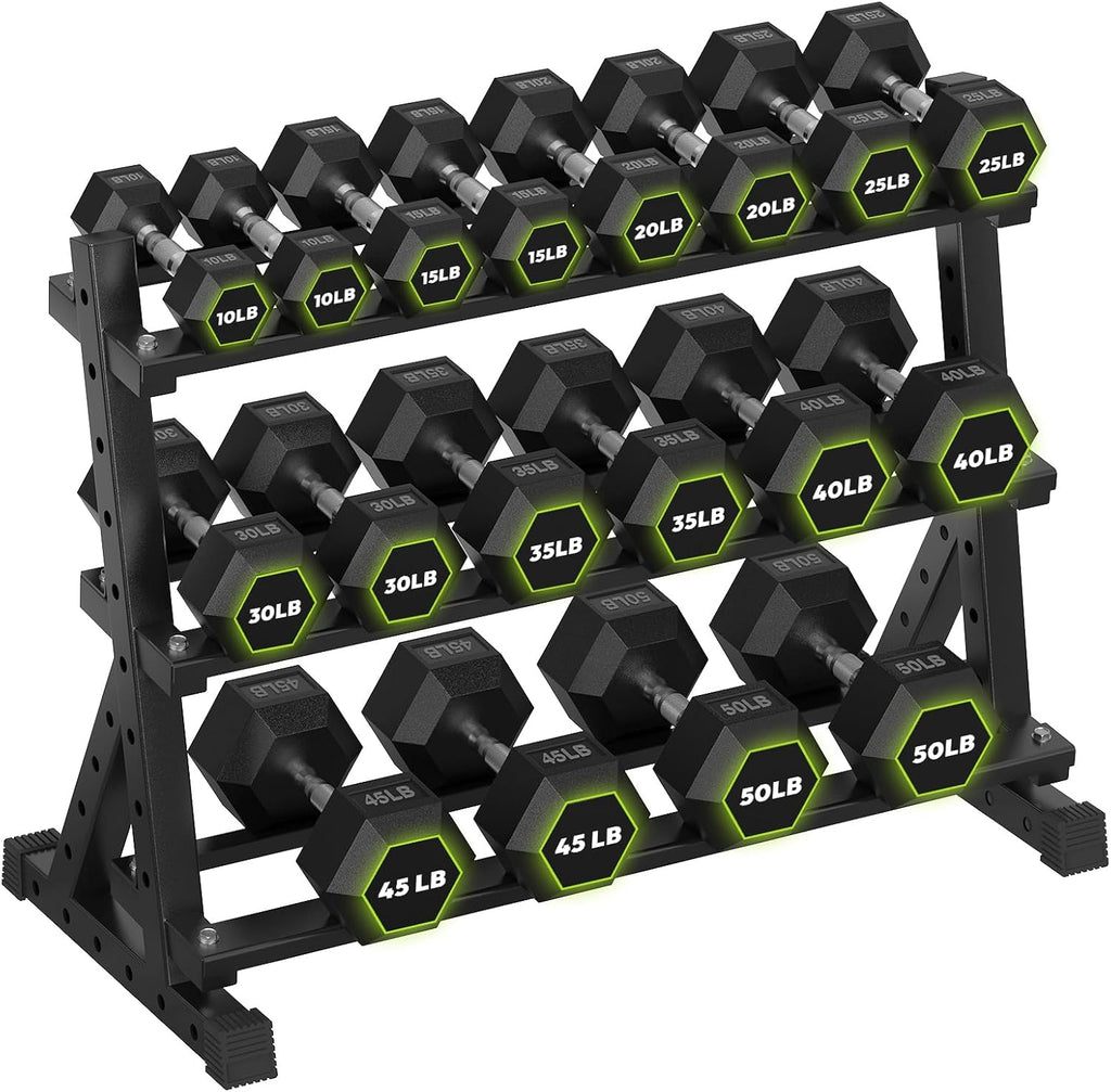 HANDBODE 3-Tier Dumbbell Rack Stand, 1000LB Capacity Storage Rack, Weight Rack for Dumbbells, Kettlebell, 390–700 lb Rubber Coated Fixed Weight Sets, Home Gym Strength Training Equipment