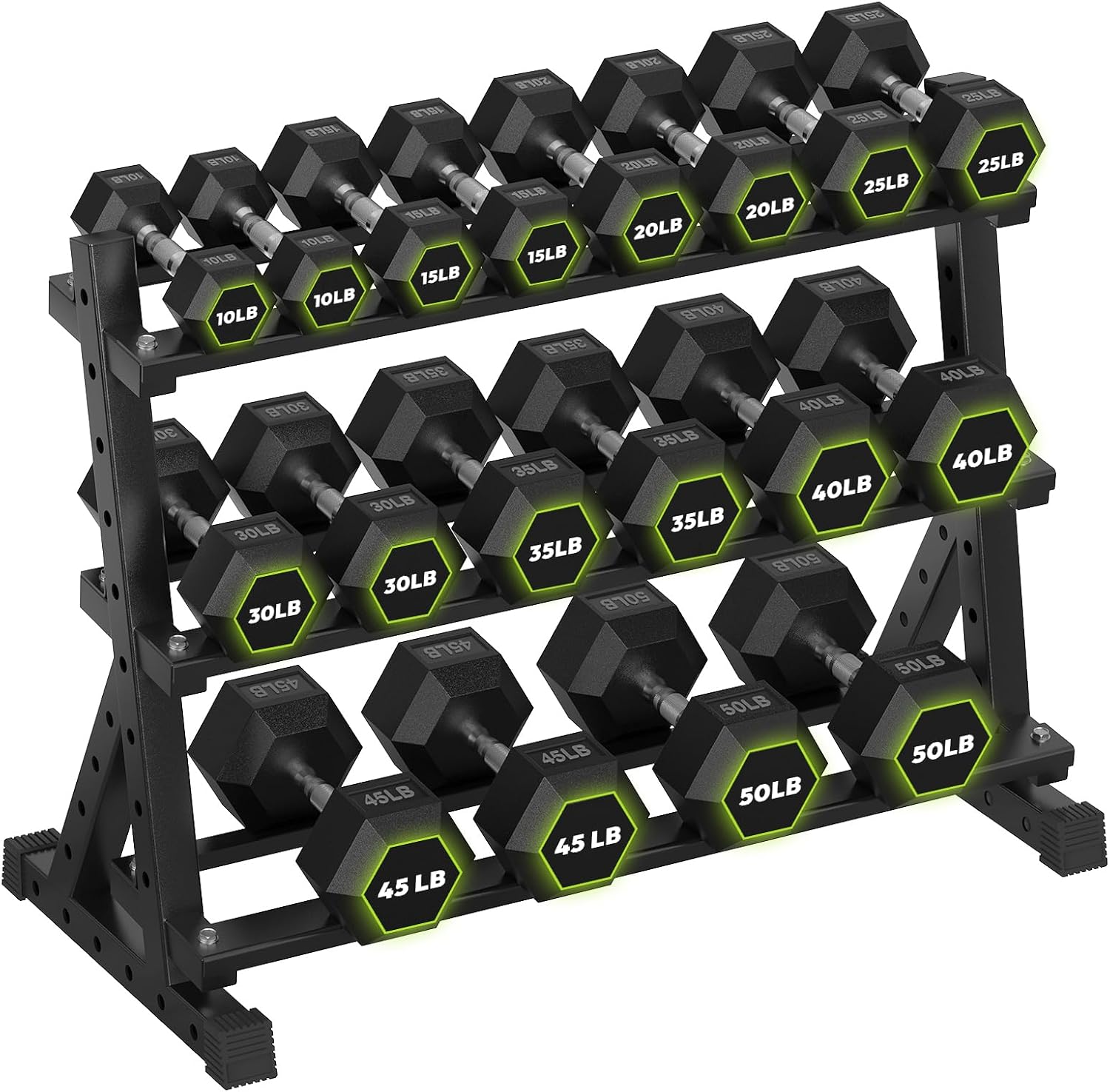 HANDBODE 3-Tier Dumbbell Rack Stand, 1000LB Capacity Storage Rack, Weight Rack for Dumbbells, Kettlebell, 390–700 lb Rubber Coated Fixed Weight Sets, Home Gym Strength Training Equipment