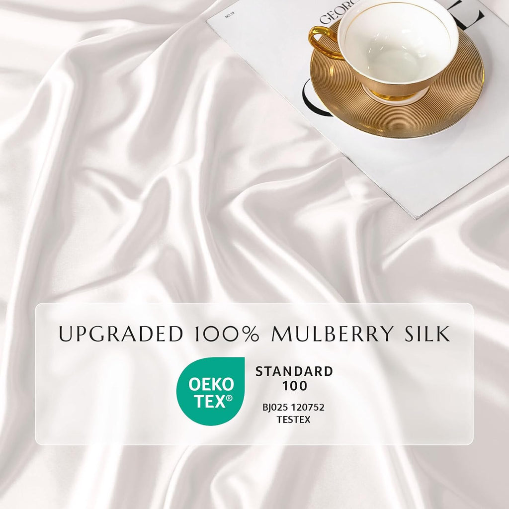THXSILK 100% Mulberry Silk Fitted Sheet Set, 7A+ Silk 3 Pieces Bed Sheets, Breathable, Smooth, 16 Inch Deep Pocket Fitted Sheet, 2 Pillowcases - White, Twin