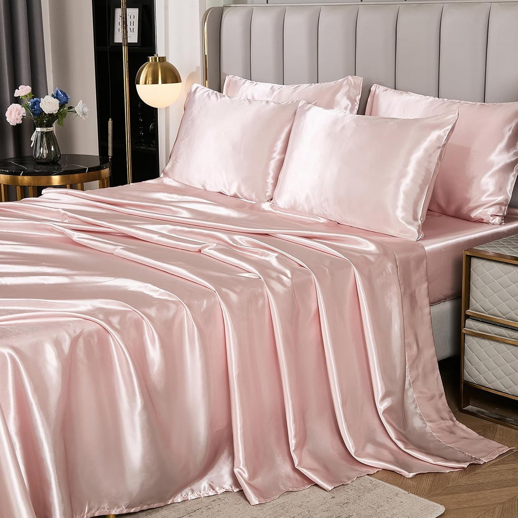 Herside Pink Mocha Satin Comforter Set 7 Pcs King Size Bed in a Bag Luxury Satin Bedding Set with Comforter Pillowcases and Sheets Sets Mini Pompoms Design Super Soft Silky Bed Set for All Seasons