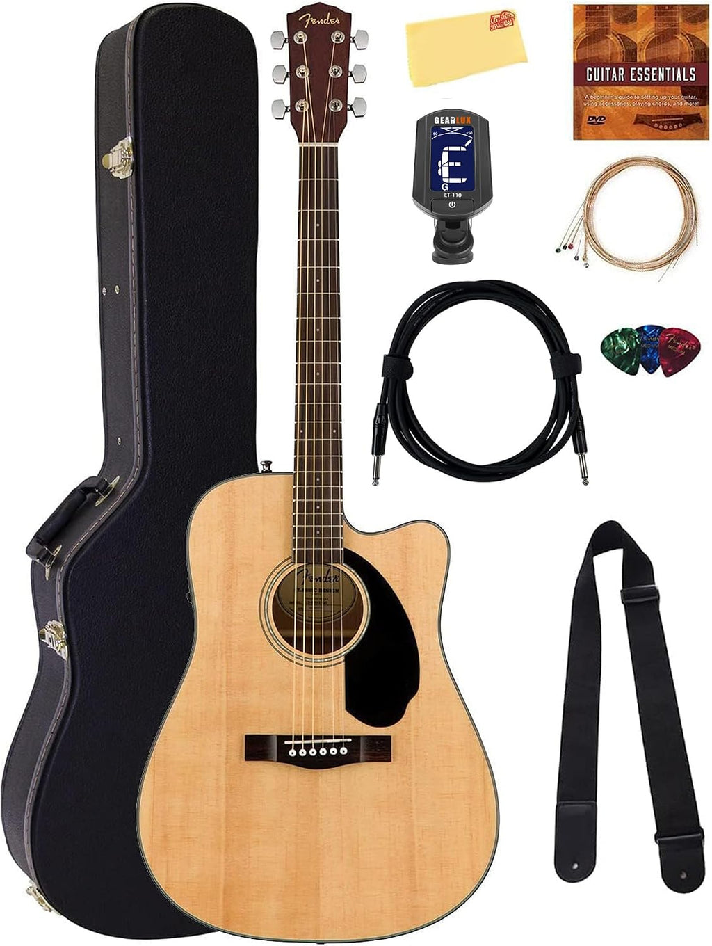 Fender CD-60SCE Solid Top Dreadnought Acoustic-Electric Guitar - Natural Bundle with Hard Case, Instrument Cable, Tuner, Strap, Strings, Picks, Austin Bazaar Instructional DVD, and Polishing Cloth