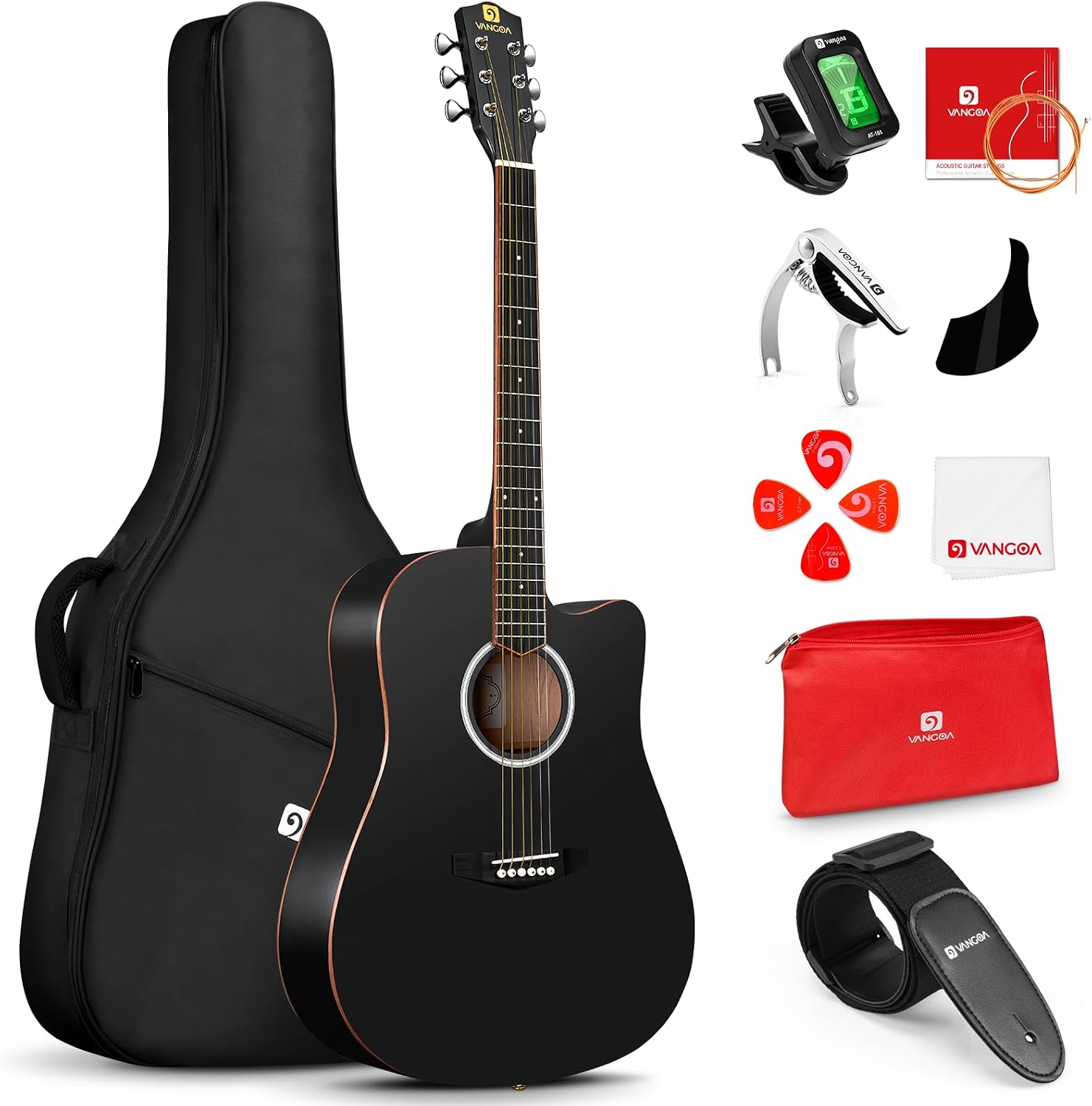 Vangoa 41' Acoustic Guitar Bundle for Adults Beginners Teens Dreadnought Full Size Cutaway Guitarra Acústica Kit with Wooden Bindings, Gig Bag, Tuner, Steel Strings, Capo, Strap, Black