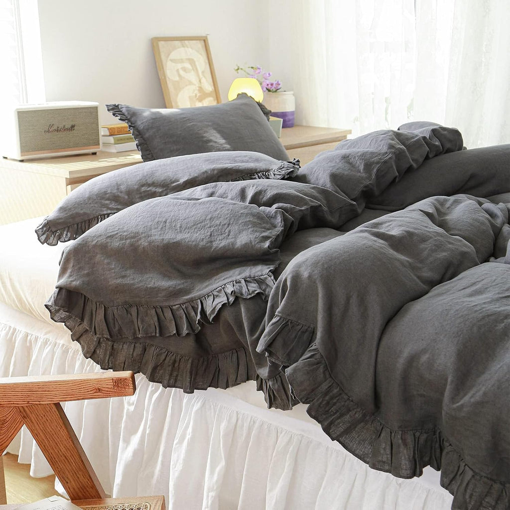 Simple&Opulence 100% Linen Duvet Cover Set, 3 PCS Natural French Flax Dark Grey Ruffle Duvet Cover King Size, Breathable Comfy Linen Bedding Comforter Cover with 2 Pillowcases (Dark Grey, 104' X 92')