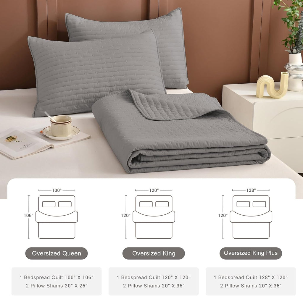 Lady Ann Gray Oversized King Bedspread 128x120, 3Pcs Extra Large Farmhouse Lightweight King Quilt Bedding Set Soft Quilted Bedspreads Thin Comforter for All Season