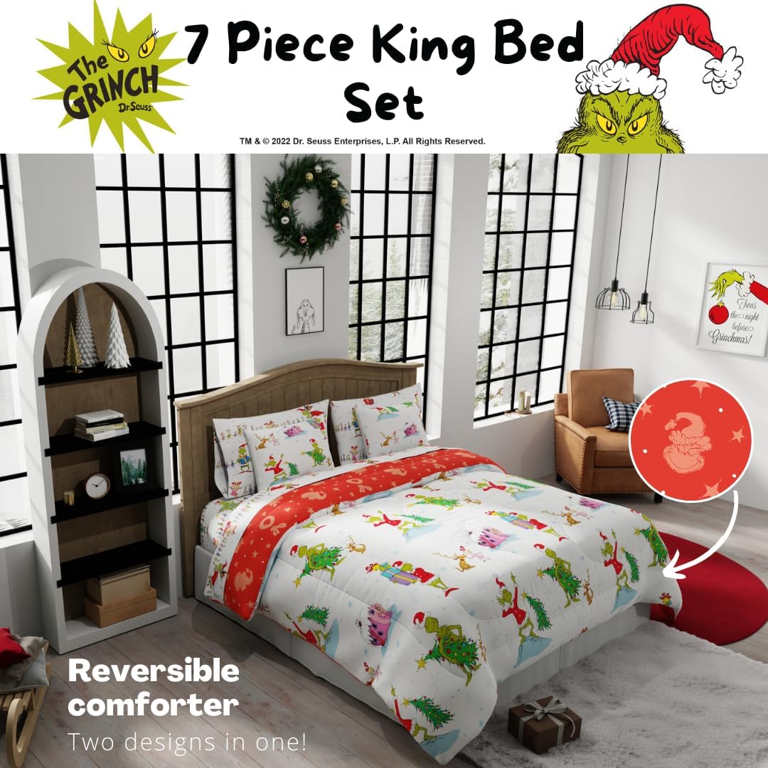 Grinch by Dr. Seuss Holiday & Christmas Bedding Super Soft Comforter and Sheet Set with Sham, 7 Piece King Size (Official Dr. Seuss Product) by Franco