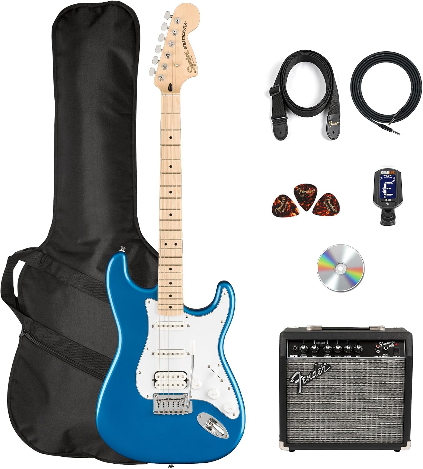 Fender Squier Affinity Stratocaster HSS - Lake Placid Blue Bundle with Frontman 15G Amplifier, Instrument Cable, Gig Bag, Tuner, Strap, Picks, and Austin Bazaar Instructional DVD