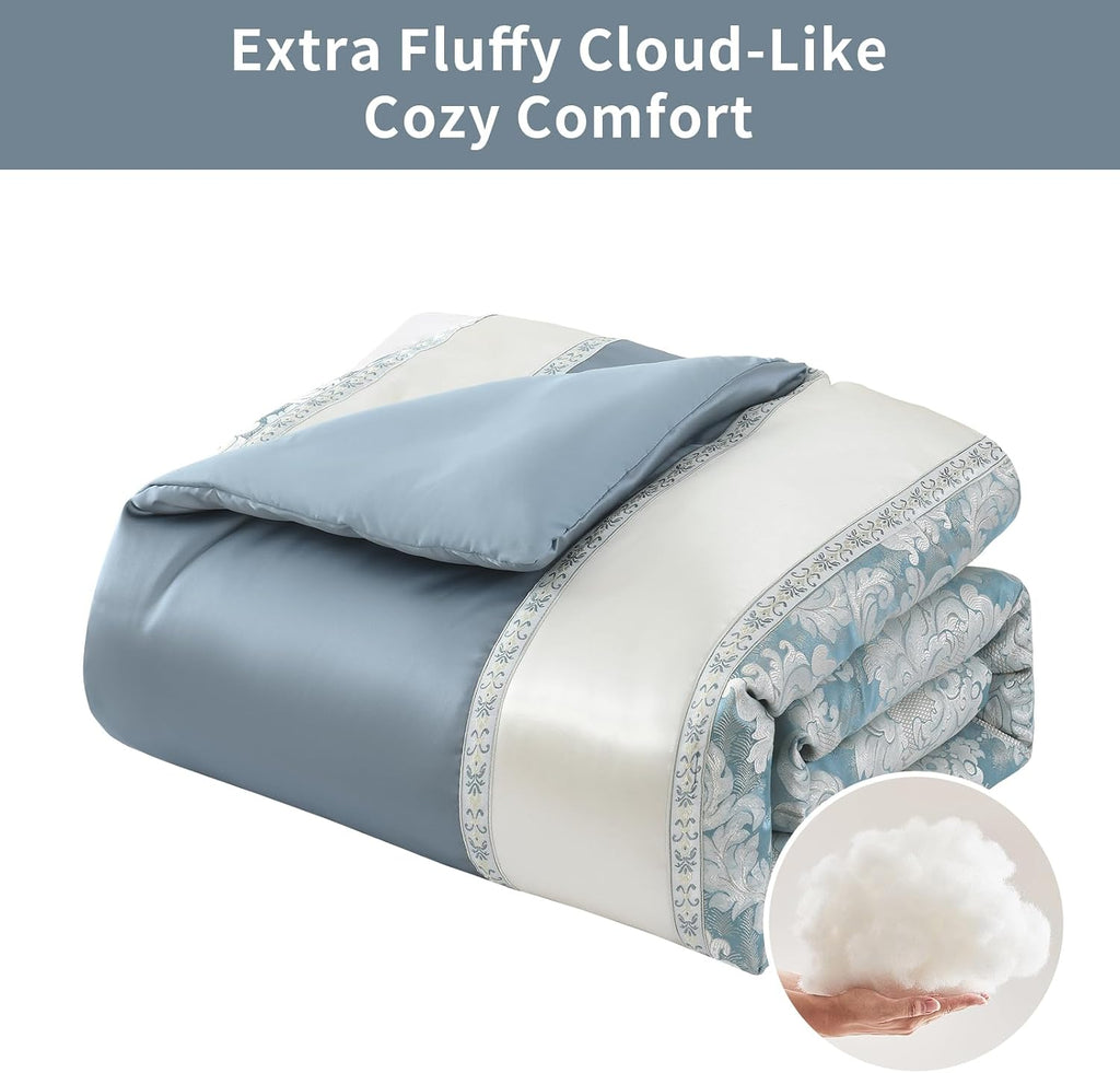 SahSahCasa 7-Piece Luxury King Comforter Set, Bed in a Bag King, Jacquard Silky Fluffy Comforter Bedding Set with Bedskirt, Decorative Pillows, Elegant Reversible, Down-Alternative, Dusty Blue