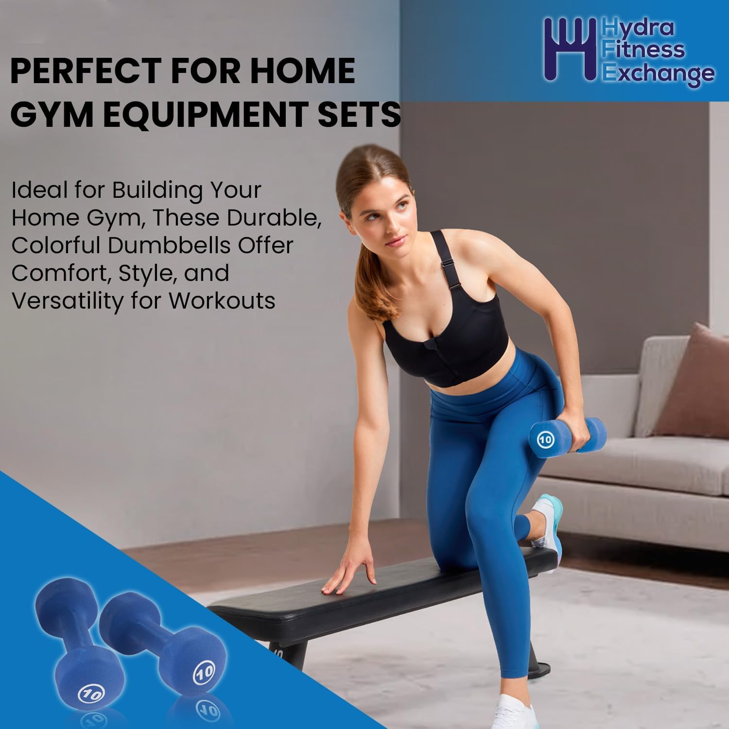 Neoprene Coated Fitbell Dumbbell (1LB to 10LB Pack of 1, 2, 4) | Dumbbell Set for Women & Men Durable Anti-Roll Anti-Slip Colour Blue | Ideal for Arm Rows Squats Chest Presses Bicep Curls