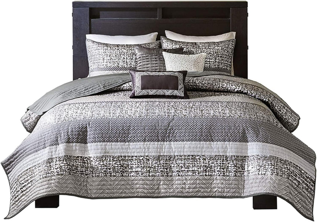 Madison Park King Quilt Set Lustrous Jacquard & Glitter Accent Coverlet Set - All Season, Lightweight Quilt Set, Shams, Decorative Pillow, King/Cal King Chevron Grey/Taupe